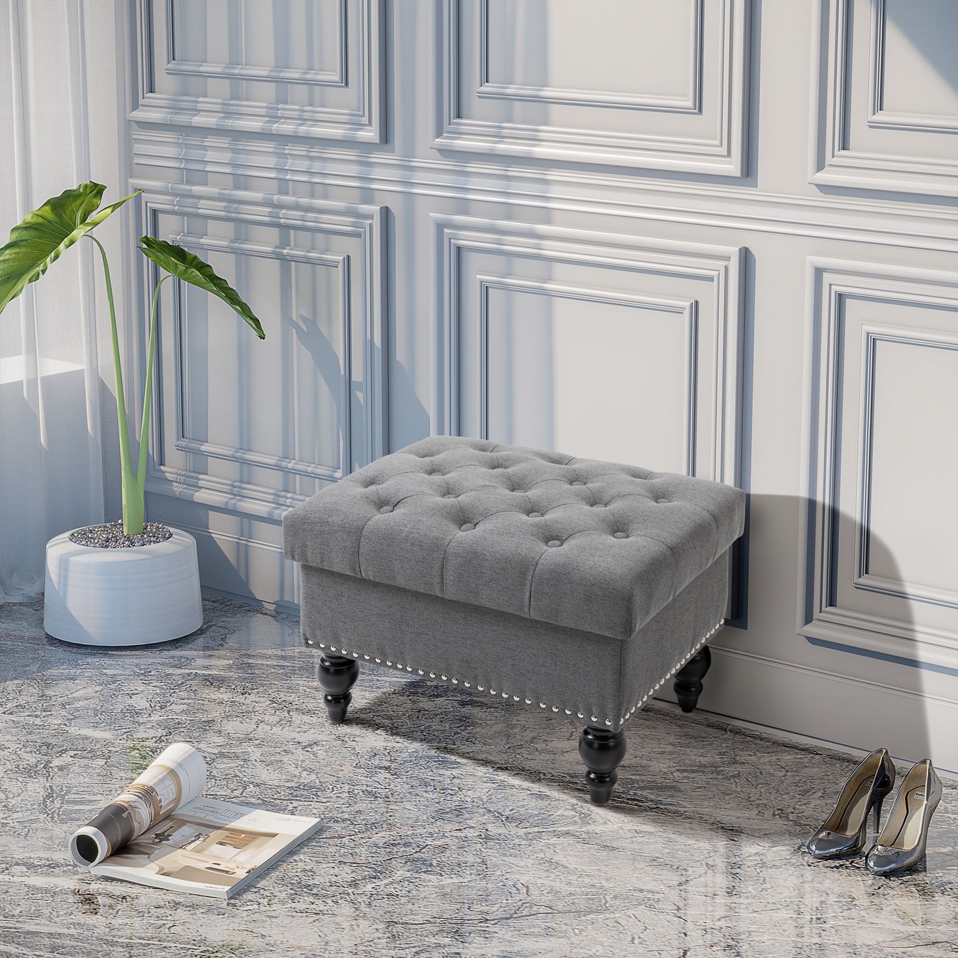 Homcom Ottoman With Storage For Living Room, 25" Storage Ottoman With Removable Lid, Button Tufted Fabric Bench For Footrest And Seat With Wood Legs, Gray Gray Linen