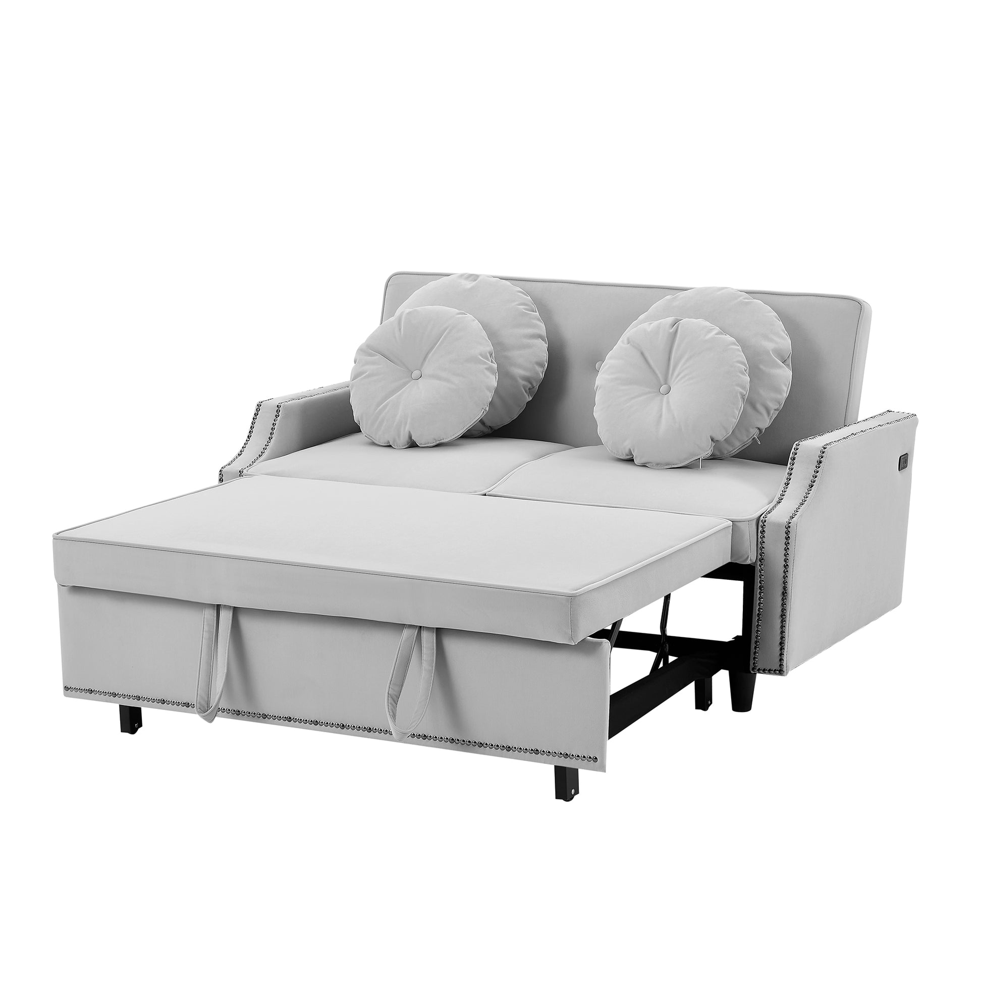 54.7" Multiple Adjustable Positions Sofa Bed Stylish Sofa Bed With A Button Tufted Backrest, Two Usb Ports And Four Floral Lumbar Pillows For Living Room, Bedroom,Or Small Space, Light Grey Light Grey Foam Polyester 2 Seat