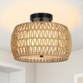 Boho Light Fixtures Ceiling Mount, Rattan Semi Flush Mount Ceiling Light, Farmhouse Light Fixtures With Fabric Shades, Kitchen Close To Ceiling Light Fixtures For Living Room Bedroom Hallway Brown Rattan Metal