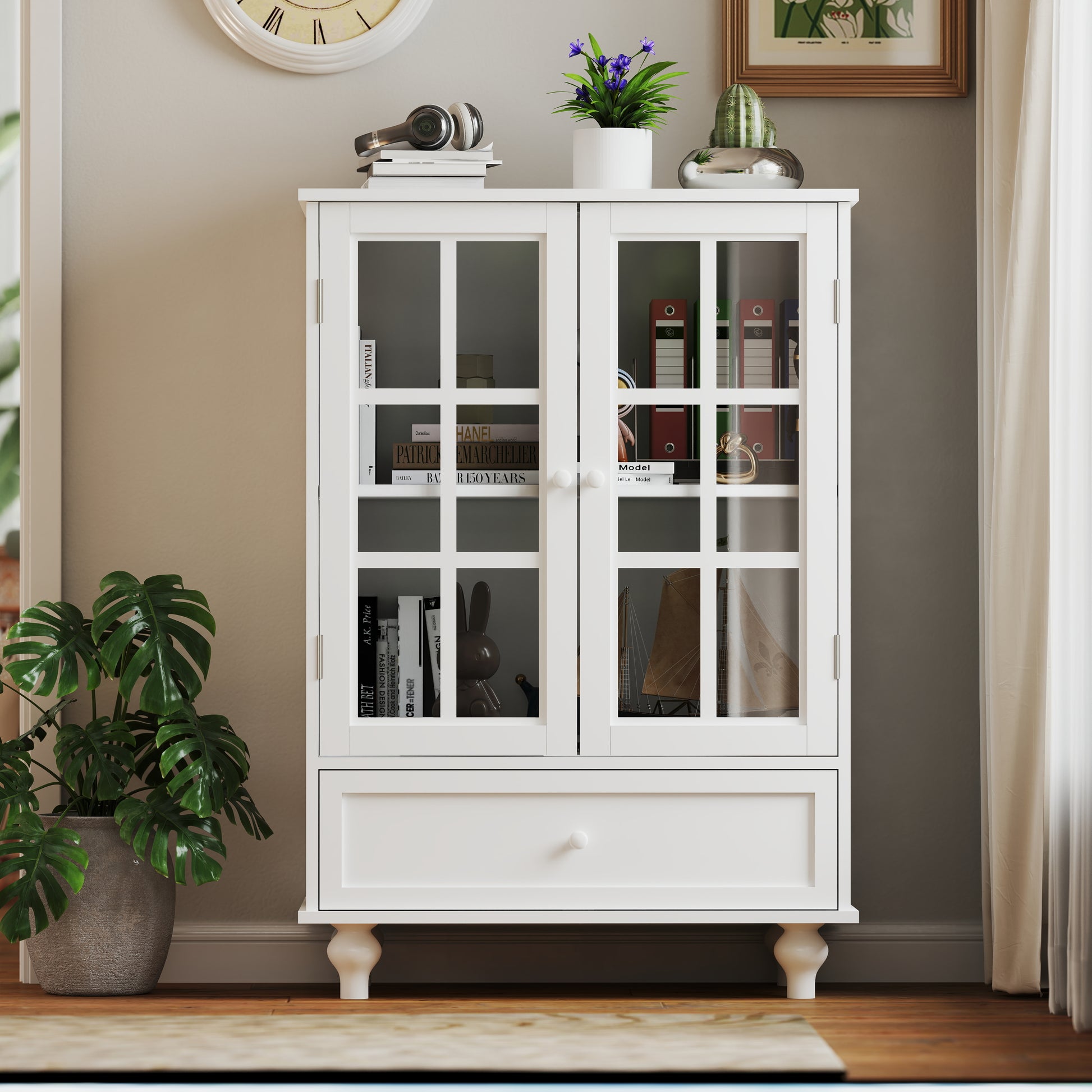 Minimalist White Buffet Cabinet With Double Glass Doors And Drawer, Modern Wooden Storage Sideboard Cupboard For Living Room, Dining Room Hallway Entryway Freestanding White Primary Living Space