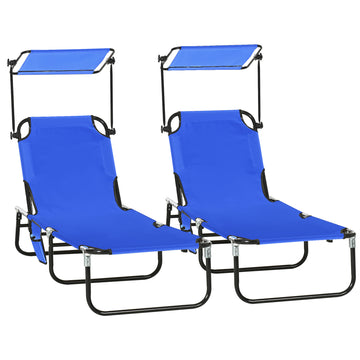 Outsunny Folding Chaise Lounge Pool Chairs, Outdoor Sun Tanning Chairs With Canopy Shade, Reclining Back, Steel Frame And Side Pocket For Beach, Yard, Patio, Blue Blue Steel