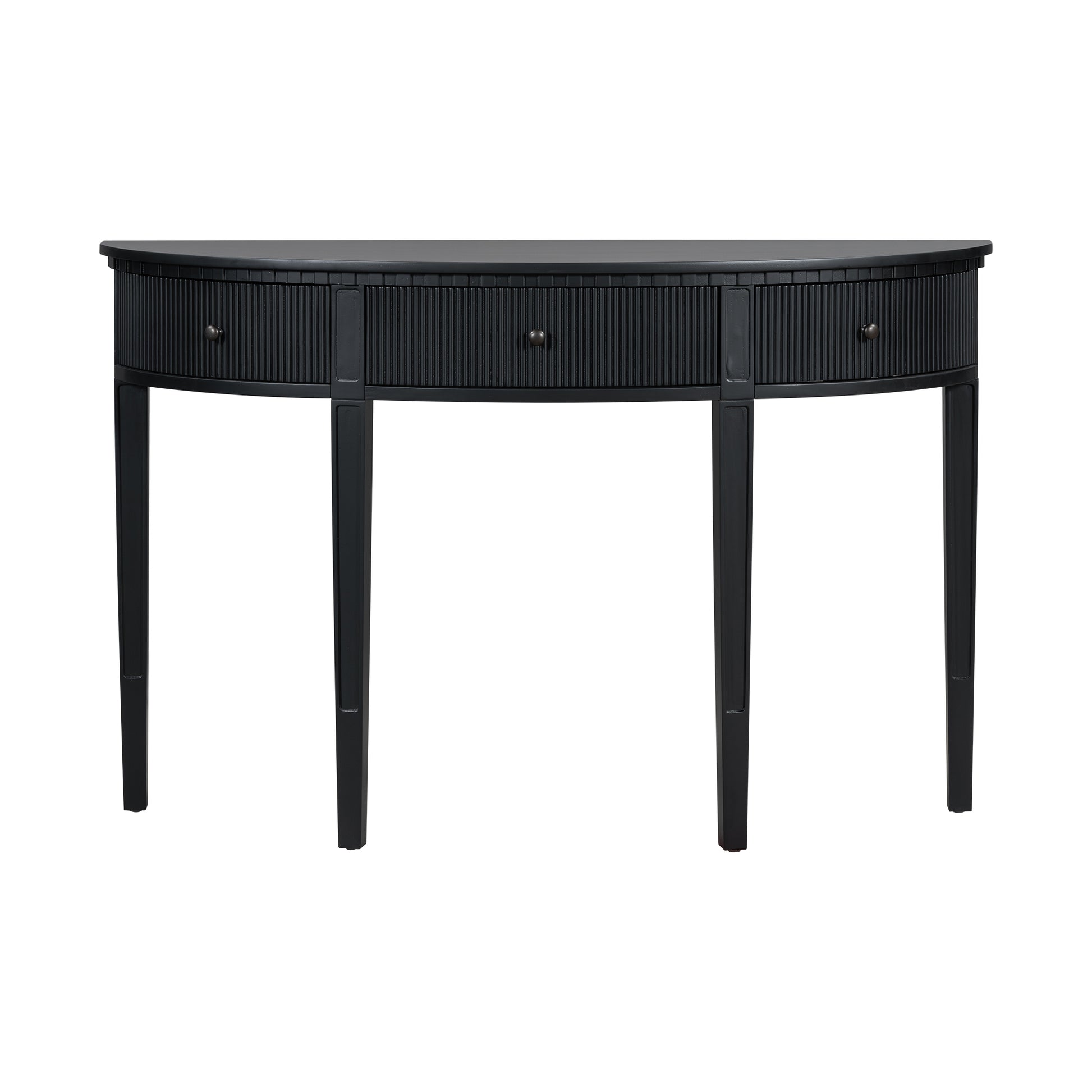 Distinctive Features Of Pine Veneer Console Table With Vertical Stripe Drawer Fronts And Four Legs Black Primary Living Space Minimalist Mdf