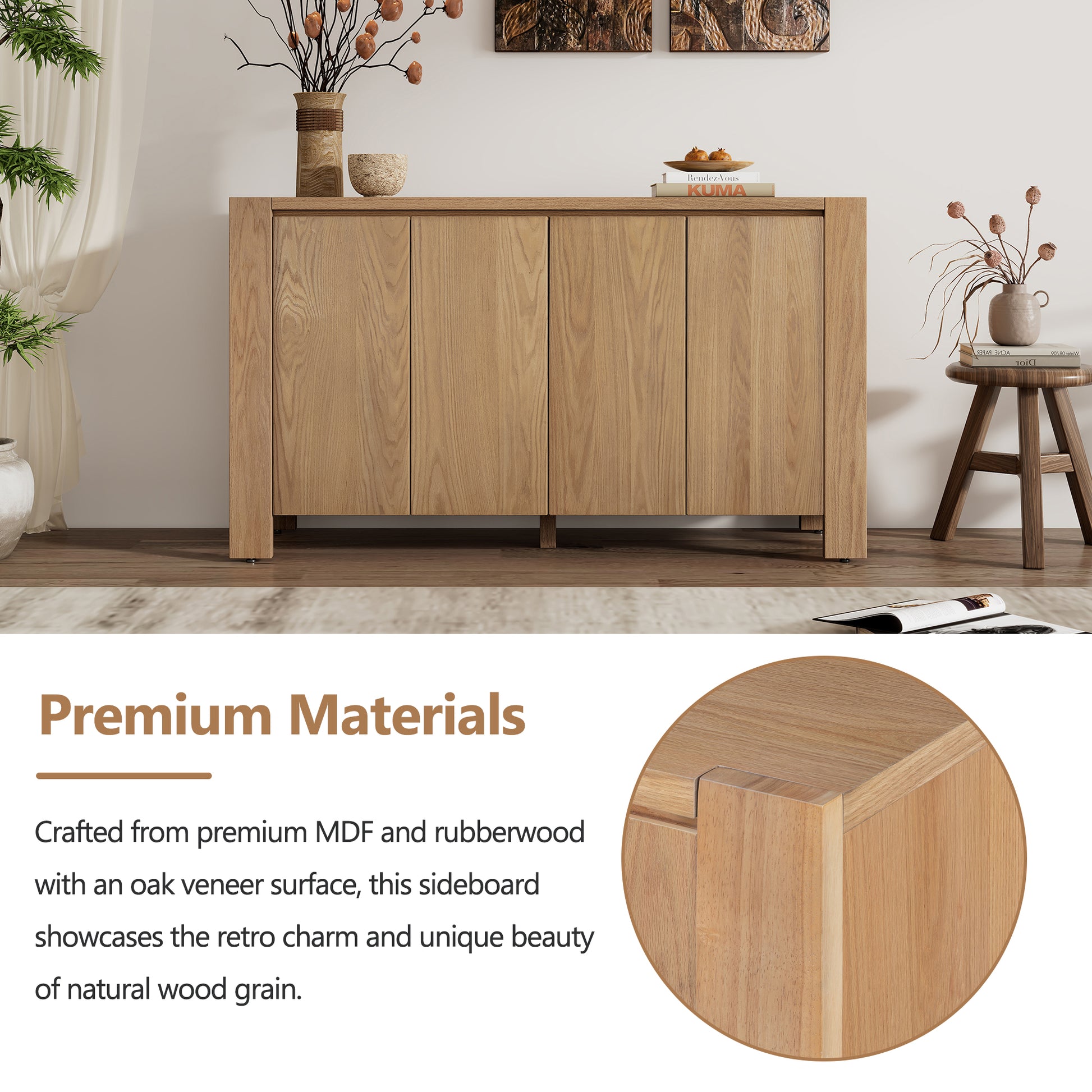 Retro 4 Door Sideboard With Distressed Finish And Adjustable Shelves For Dining Room, Kitchen, And Living Room Natural Natural Mdf,Rubber Wood