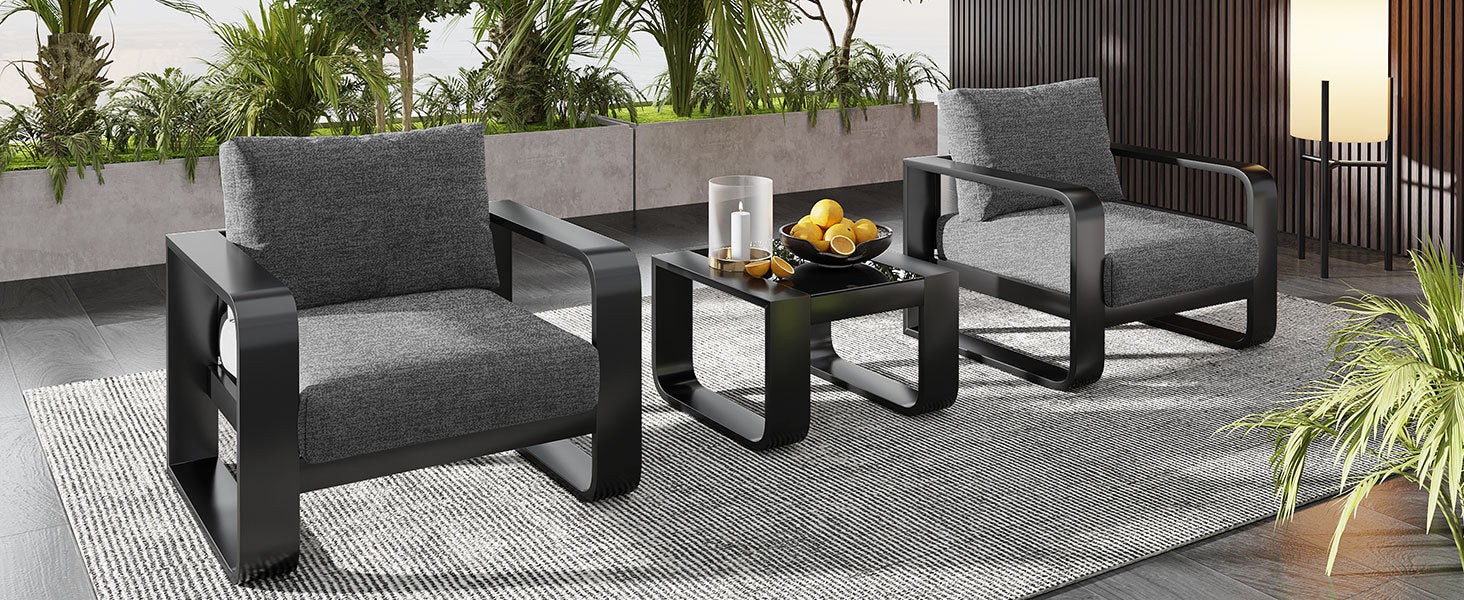 3 Pieces Aluminum Frame Patio Furniture With 6.7" Thick Cushion And Coffee Table, All Weather Use Olefin Fabric Outdoor Chair, Gray And Black Yes Deep Seating Black Gray Weather Resistant Frame Garden & Outdoor Contemporary,Luxury,Modern,Vintage 2 Person