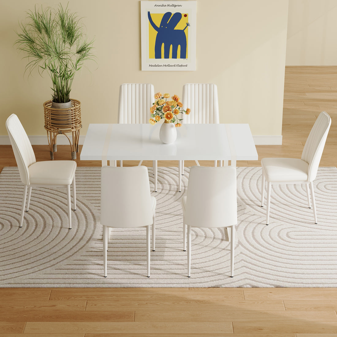 55"X31.5"Cream Style White Mdf Dining Table Set With 6 Armless Chairs.The Backrest Of The Dining Chair Is Designed With Multiple Vertical Stripes.Adding A Warm Atmosphere To Your Family. White Seats