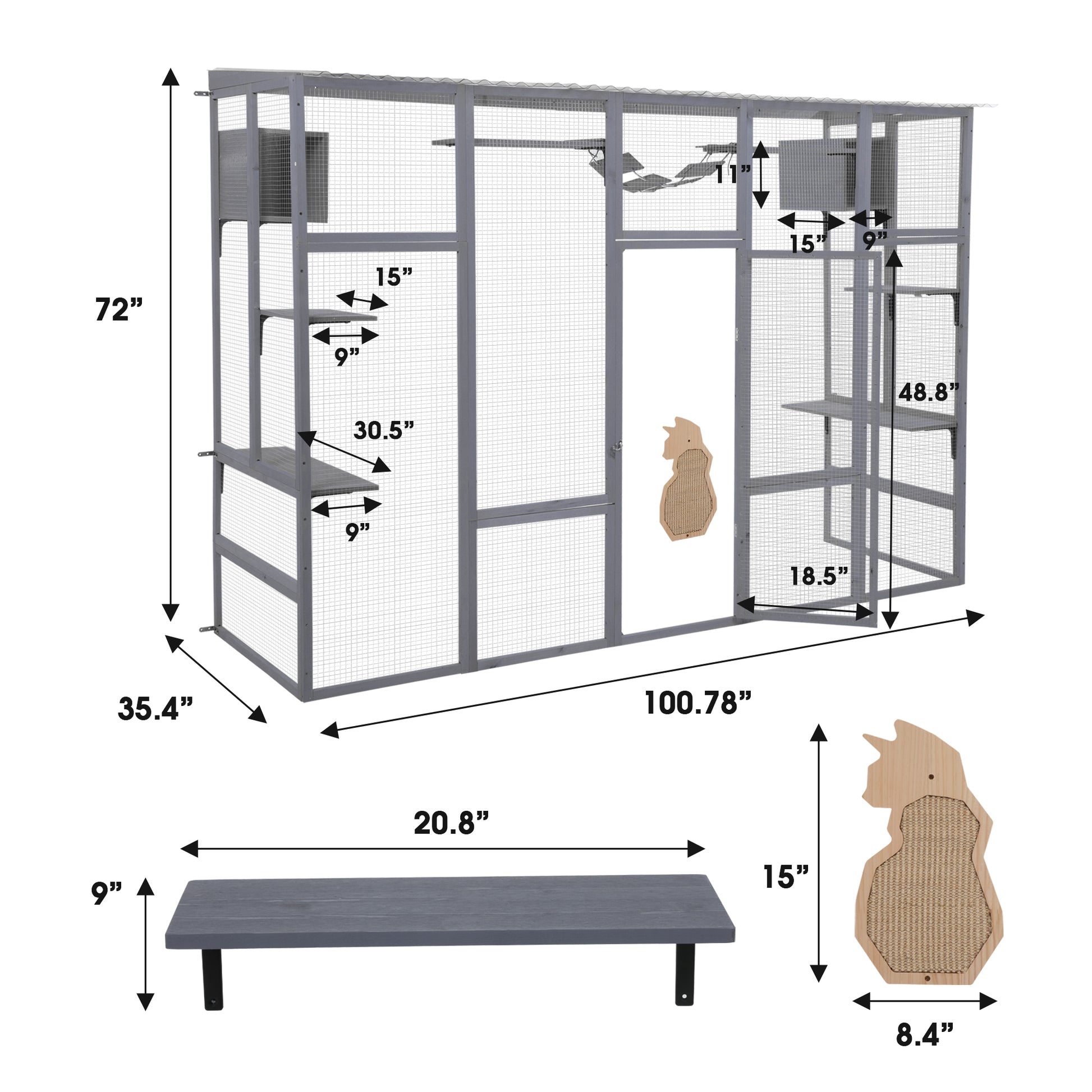 Wooden Cat Enclosure With 6 Jumping Platforms, 2 Cat Condos, Cat Bridge And Scratching Board, Gray Gray Pine