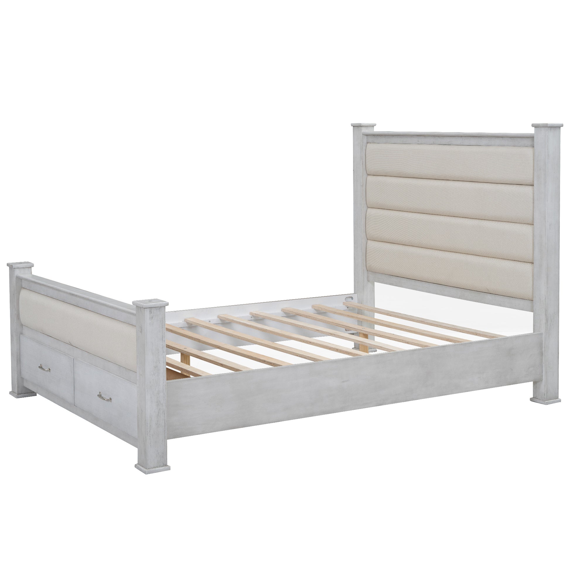 Queen Size Wood Frame Platform Bed With Upholstered Headboard, Footboard And 2 Drawers, Antique White Box Spring Not Required Queen Antique White Wood Bed Frame Solid Wood Mdf