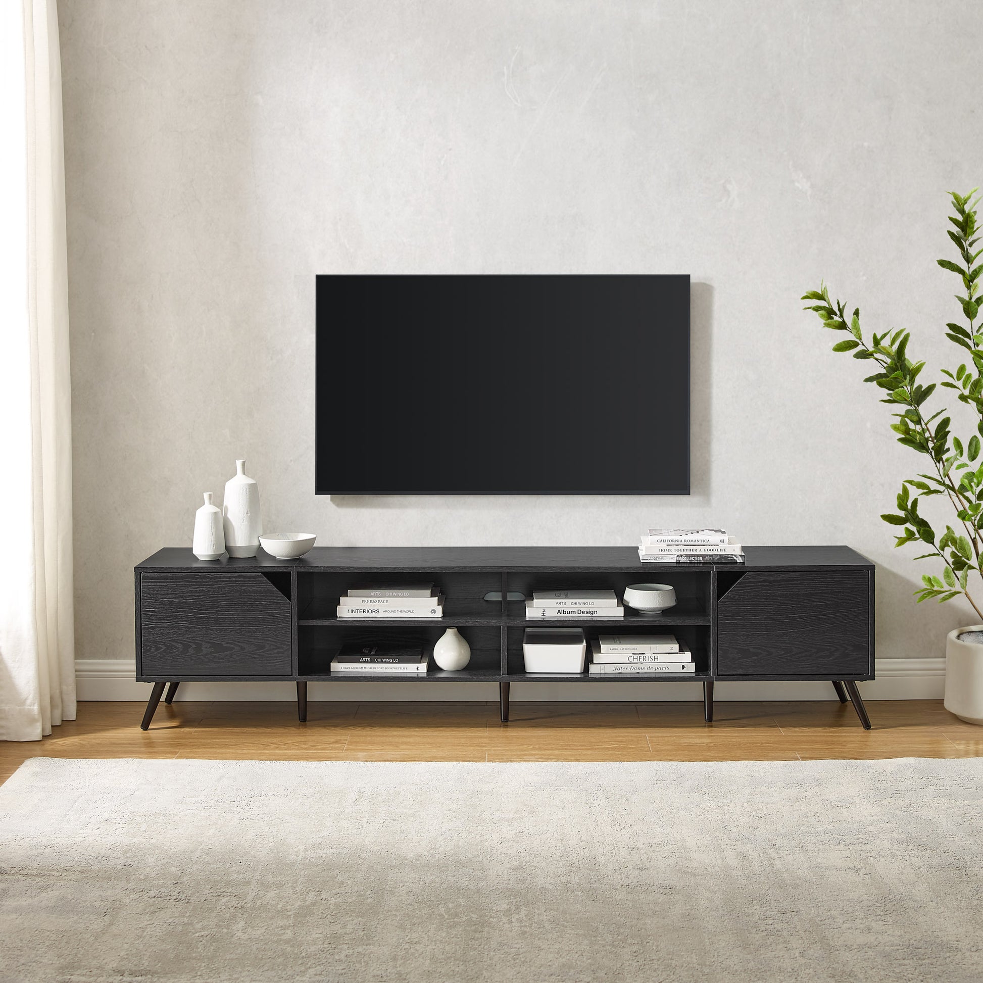 Contemporary 2 Door Minimalist Tv Stand For Tvs Up To 90 Inches Black Black 90 Inches Or Larger Mdf Mdf