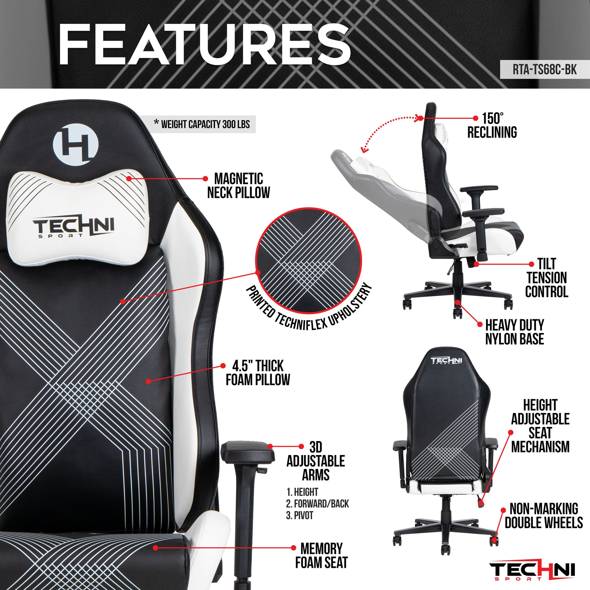 Techni Sport Rta Ts68C Bk Comfort Edge Black Gaming Chair Black Office Spot Clean Modern Office Chairs Foam,Polyurethane,Steel