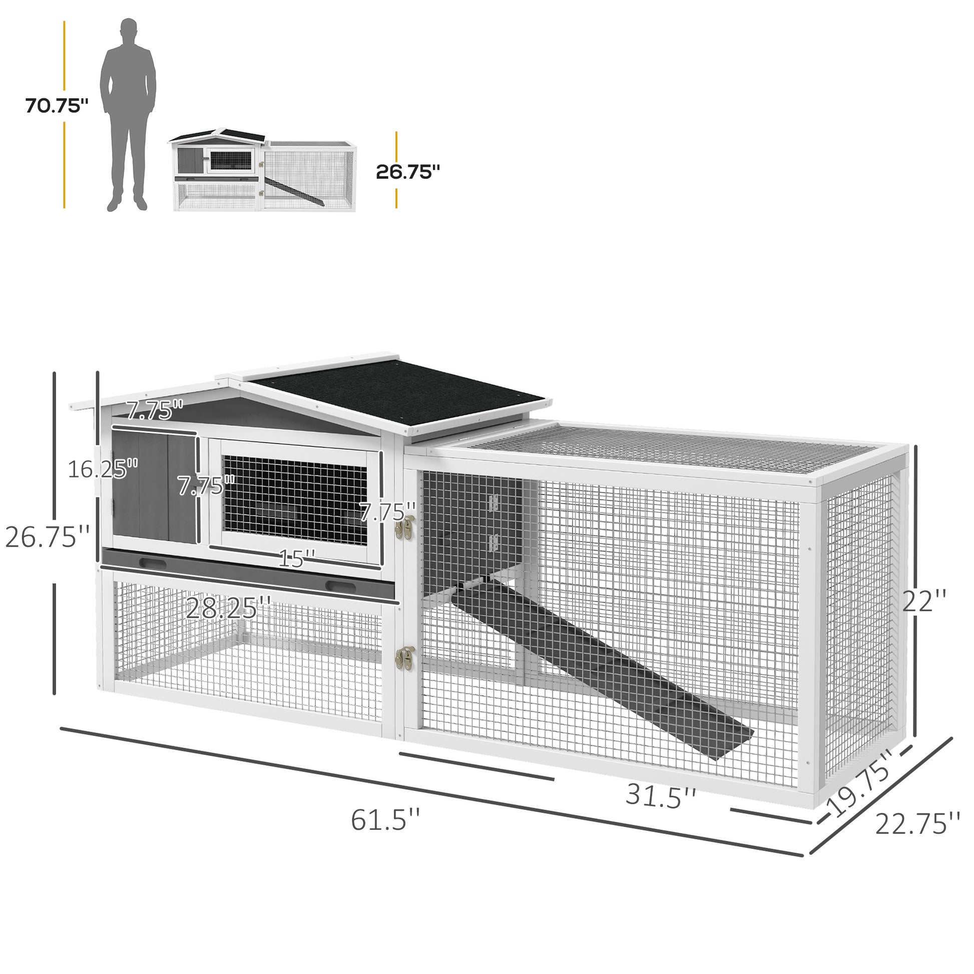 Pawhut Rabbit Hutch 2 Story Bunny Cage Small Animal House With Slide Out Tray, Detachable Run, For Indoor Outdoor, 61.5" X 23" X 27", Light Gray Light Grey Wood