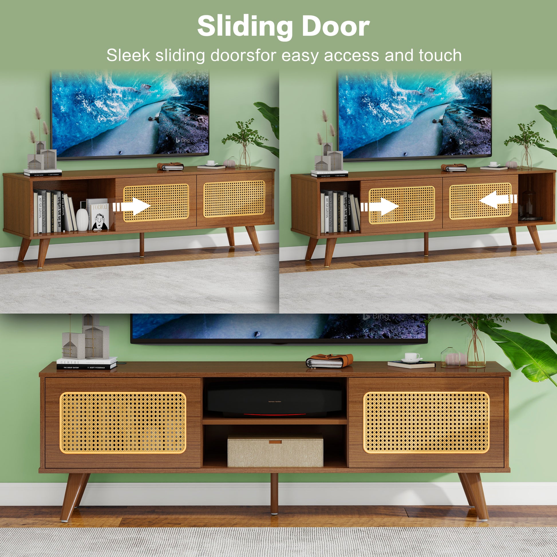 Mid Century Modern Rattan Tv Stand For 55 60 65 Inch Tventertainment Cabinet, Media Console For Living Room Bedroom Media Room, Solid Wood Feet & Rattan Cabinet Doors Walnut, 59" Black Brown Brown