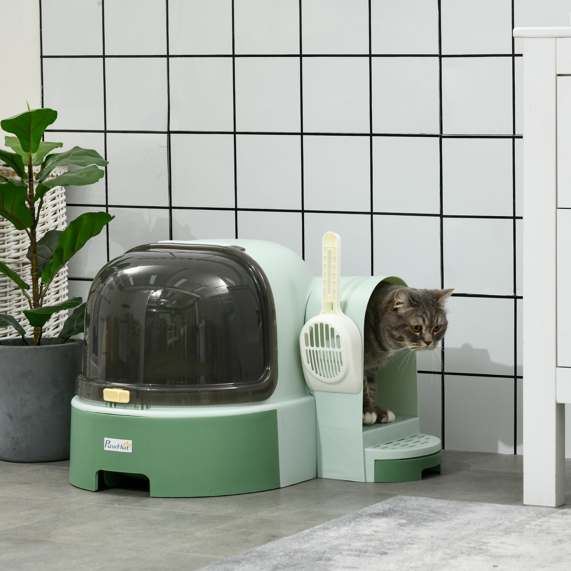 Pawhut Cat Litter Box With Lid, Covered Litter Box, Easy To Clean & Open Including Openable Front Cover, Litter Scoop, Green Green Plastic