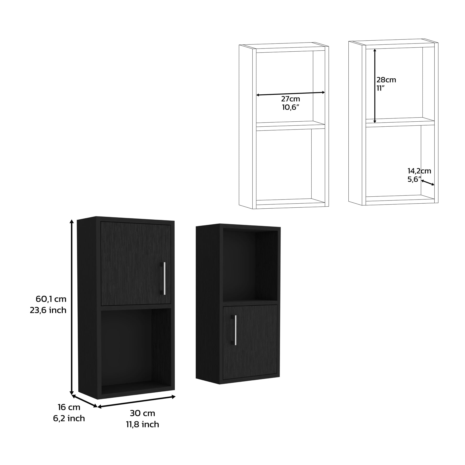 Wall Mounted Bathroom Medicine Cabinet Eak 24" H, Two Doors, Two Shelves,Black Black Solid Wood Mdf Engineered Wood