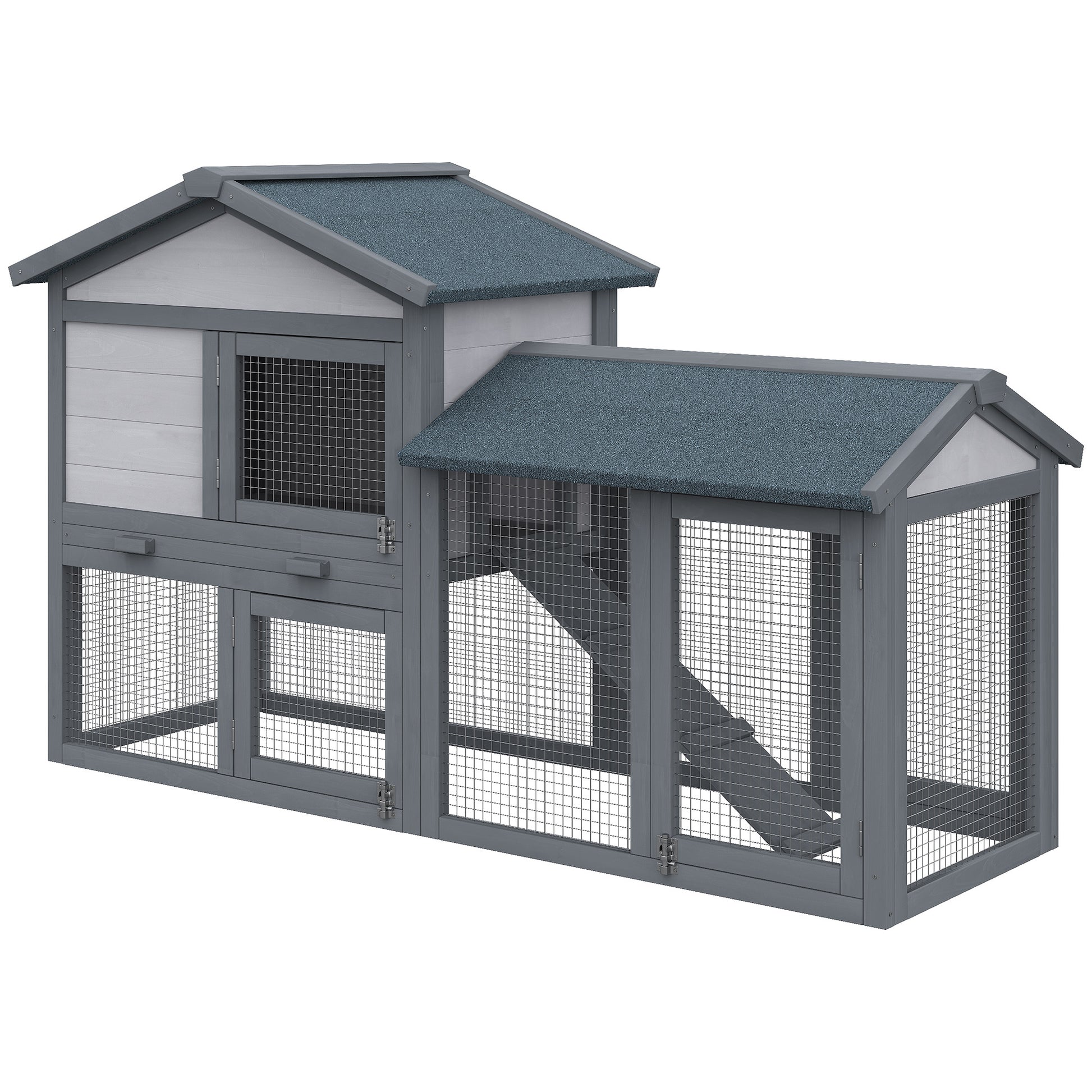 Pawhut 58" Rabbit Hutch, Wooden Bunny Hutch, Guinea Pig Cage, Small Animal Enclosure With Run Area, Removable Tray, Asphalt Roof, Lockable Doors And Ramp, Dark Gray Grey Wood