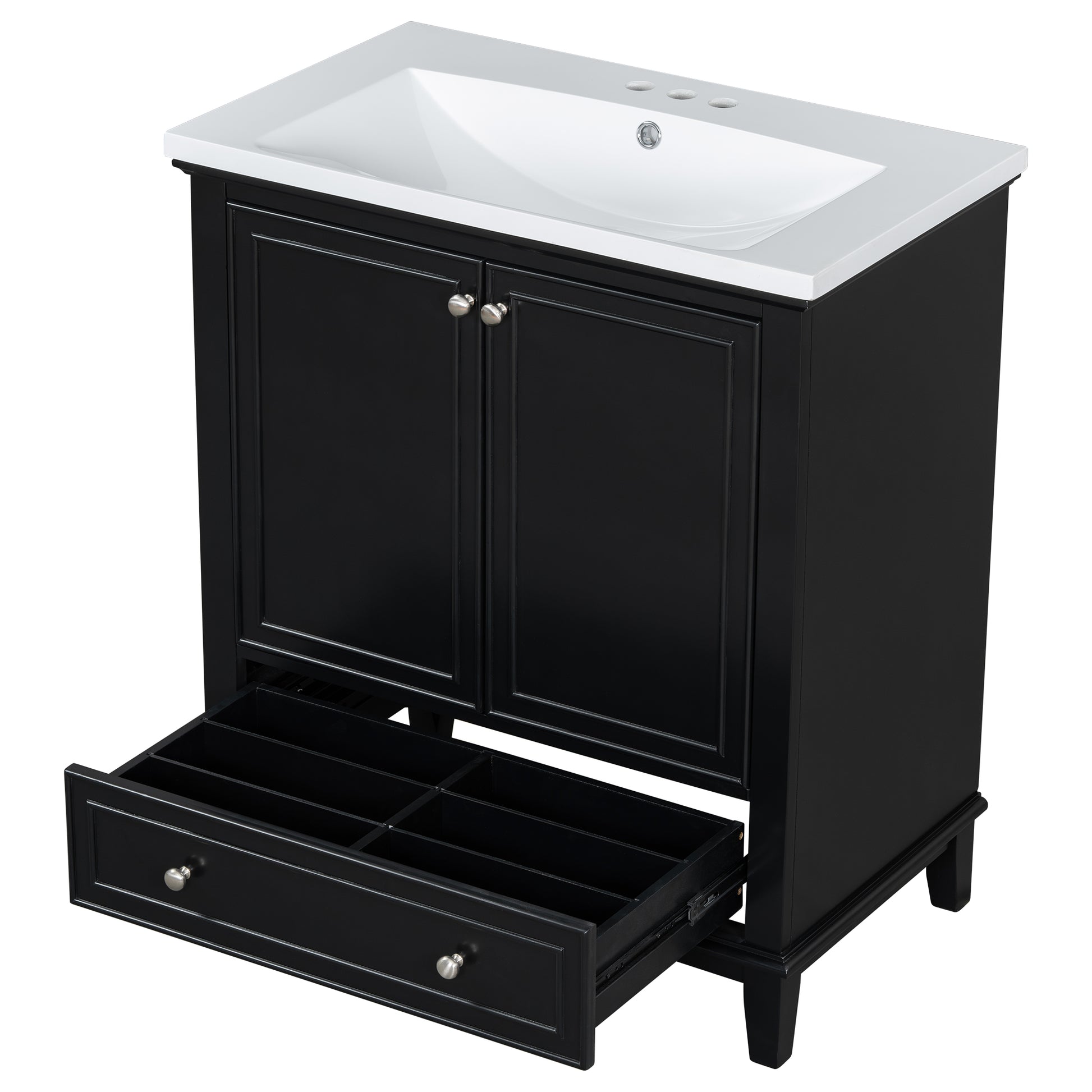 30" Bathroom Vanity With Sink Combo, Multi Functional Bathroom Cabinet With Doors And Drawer, Solid Frame And Mdf Board, Black Black Solid Wood Mdf