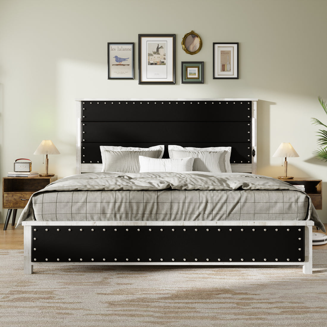 King Size Bed Frame With Upholstered Headboard, King Bed Frame With Charging Station And Led Lights, Wood Slats, Dark Gray Faux Leather & Rivets, No Box Spring Needed, Easy Assembly Box Spring Not Required King Antique White Gray Wood Bedroom Bed Frame