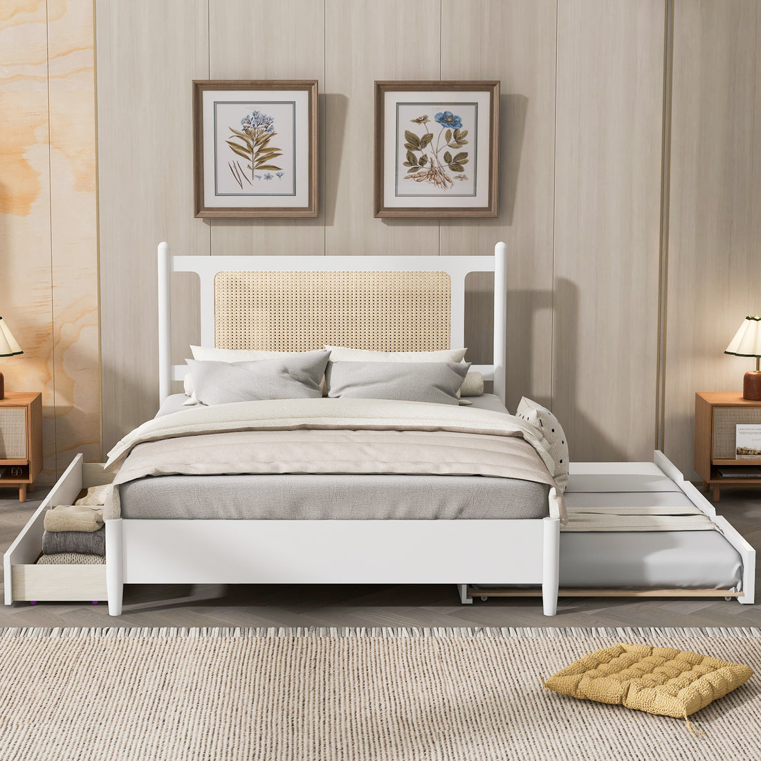 Queen Size Wooden Rattan Platform Bed, With 2 Big Drawers, T Size Trundle, White Queen White Plywood