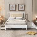 Queen Size Wooden Rattan Platform Bed, With 2 Big Drawers, T Size Trundle, White Queen White Plywood