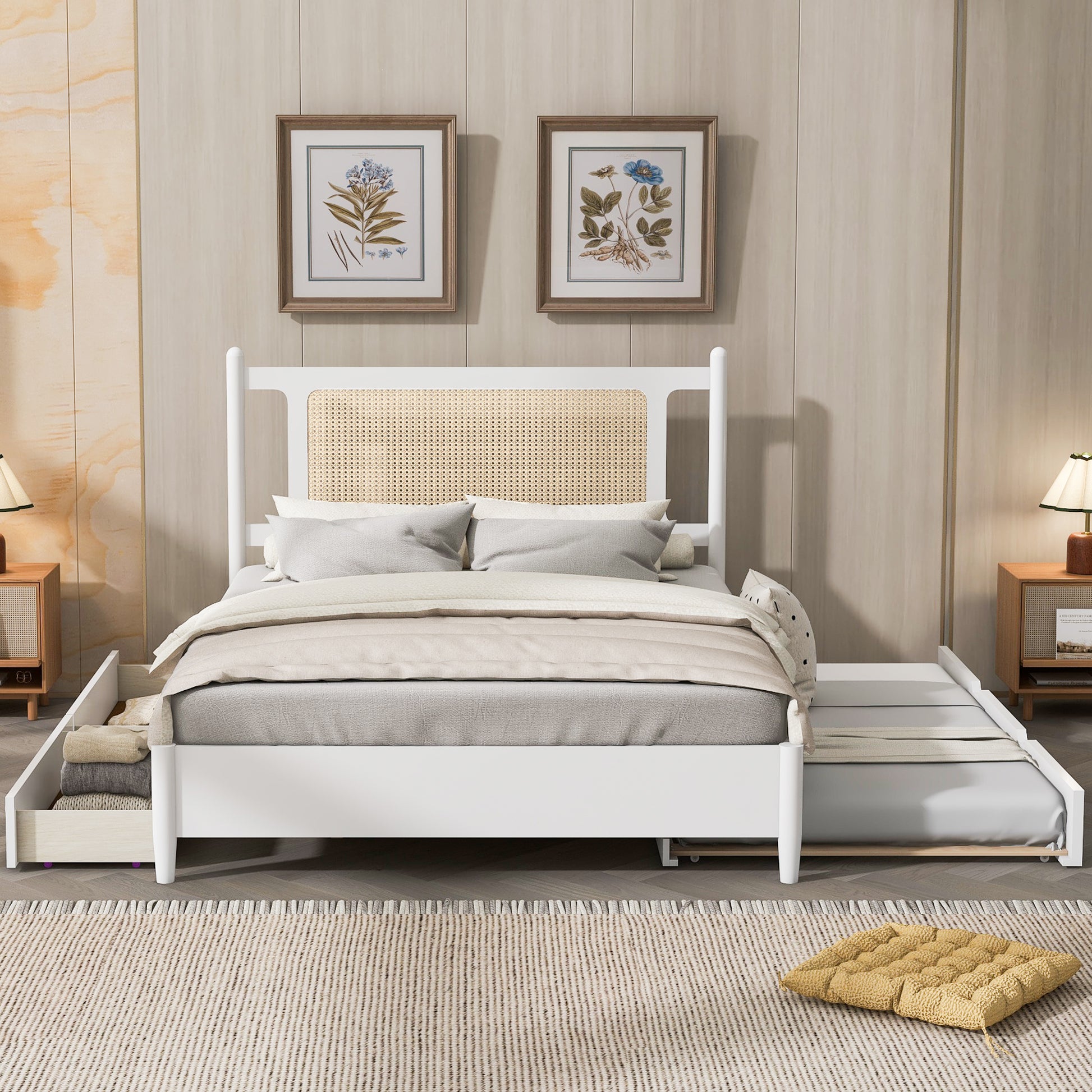 Queen Size Wooden Rattan Platform Bed, With 2 Big Drawers, T Size Trundle, White Queen White Plywood