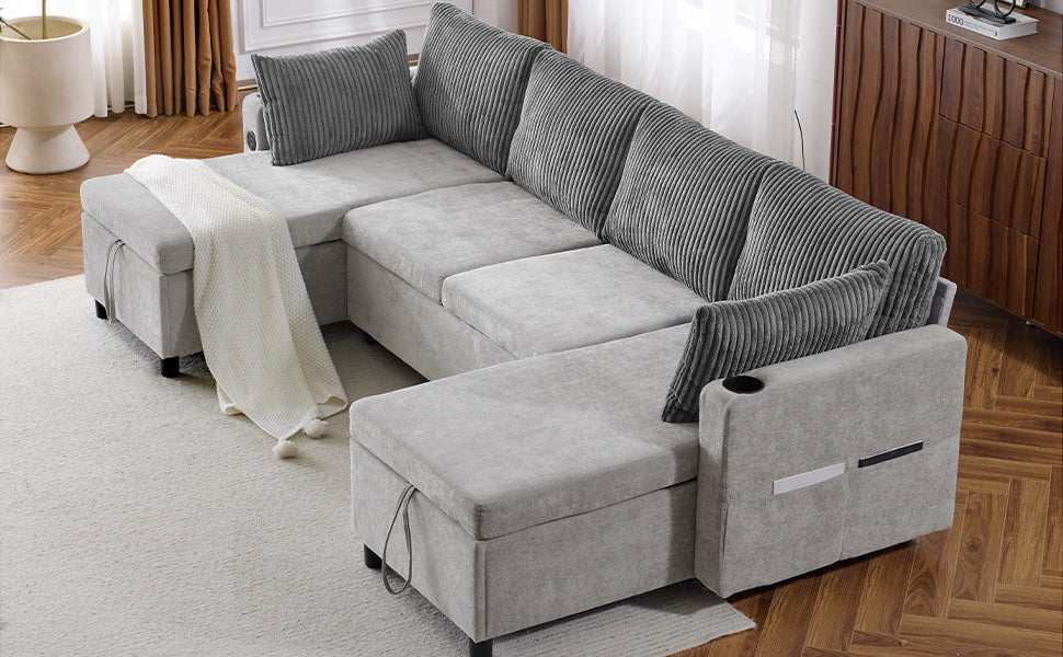 111.8" Sectional Sofa Pull Out Sofa Bed Versatile Sofa Sleeper With Large Storage Space, Two Usb Ports And Two Cup Holders For Living Room, Grey Grey Foam Chenille 4 Seat