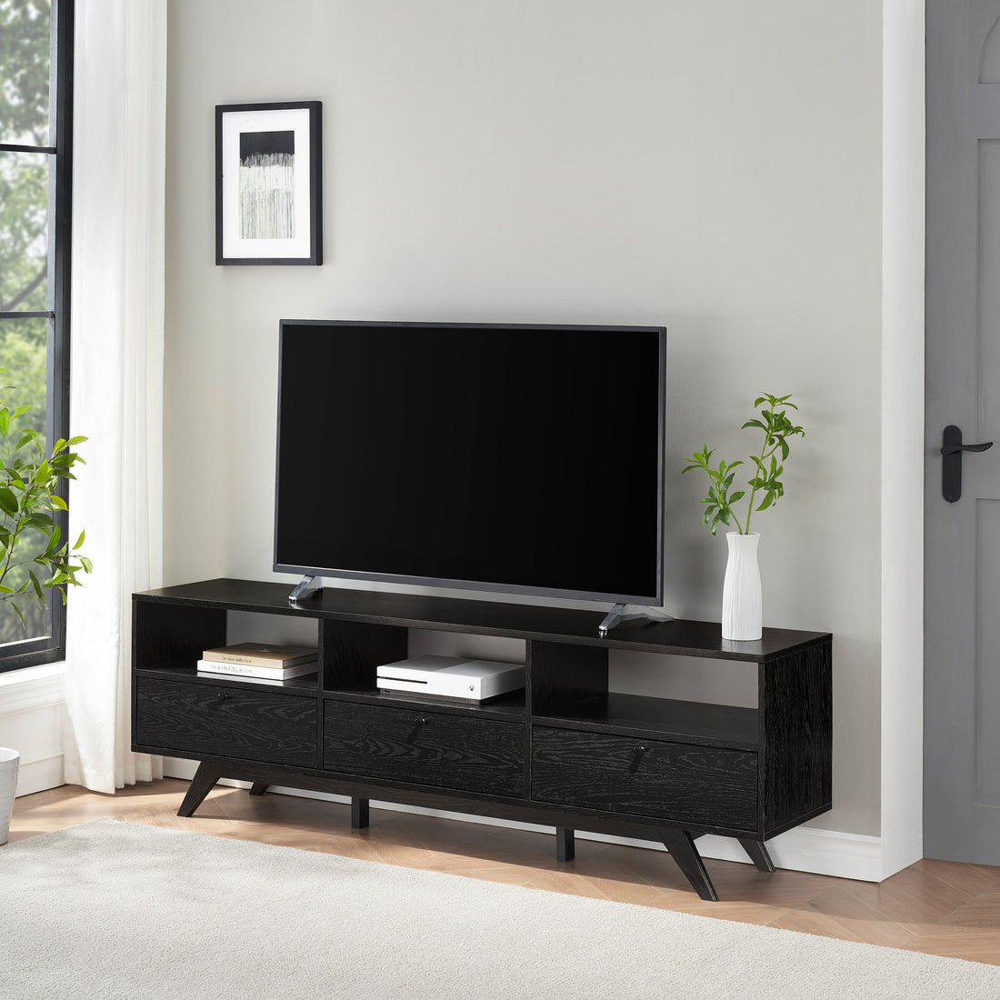 Modern Scandi 3 Door Low Profile Tv Stand For Tvs Up To 80 Inches Black Black 80 89 Inches Mdf Mdf