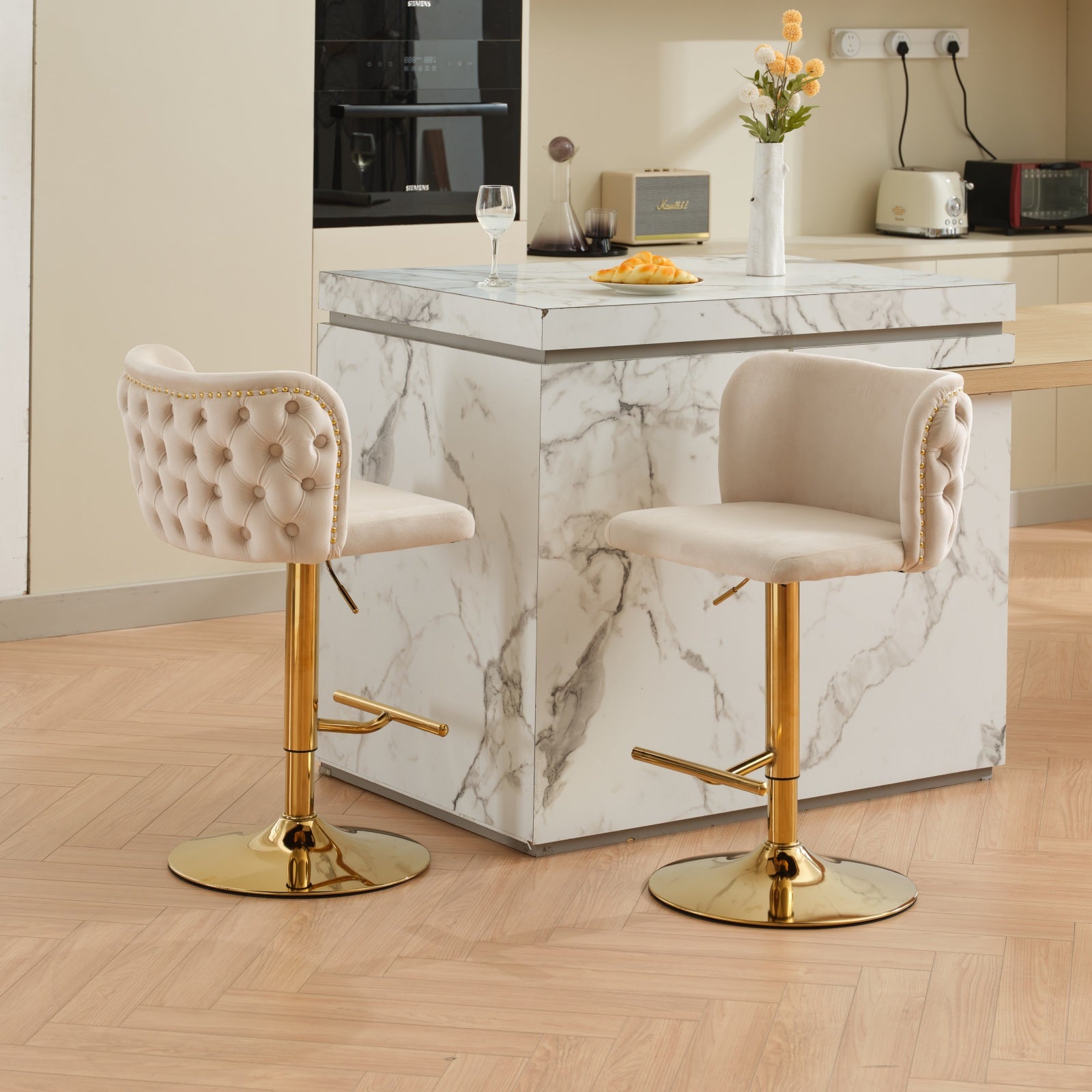 Swivel Barstools Adjusatble Seat Height With Gold Plating Base, Classic Velvet Upholstered Bar Stools With The Whole Back Tufted, For Home Pub And Kitchen Island,Beige, Set Of 2 Beige American Design Bar Stools Set Of 2 Foam Velvet