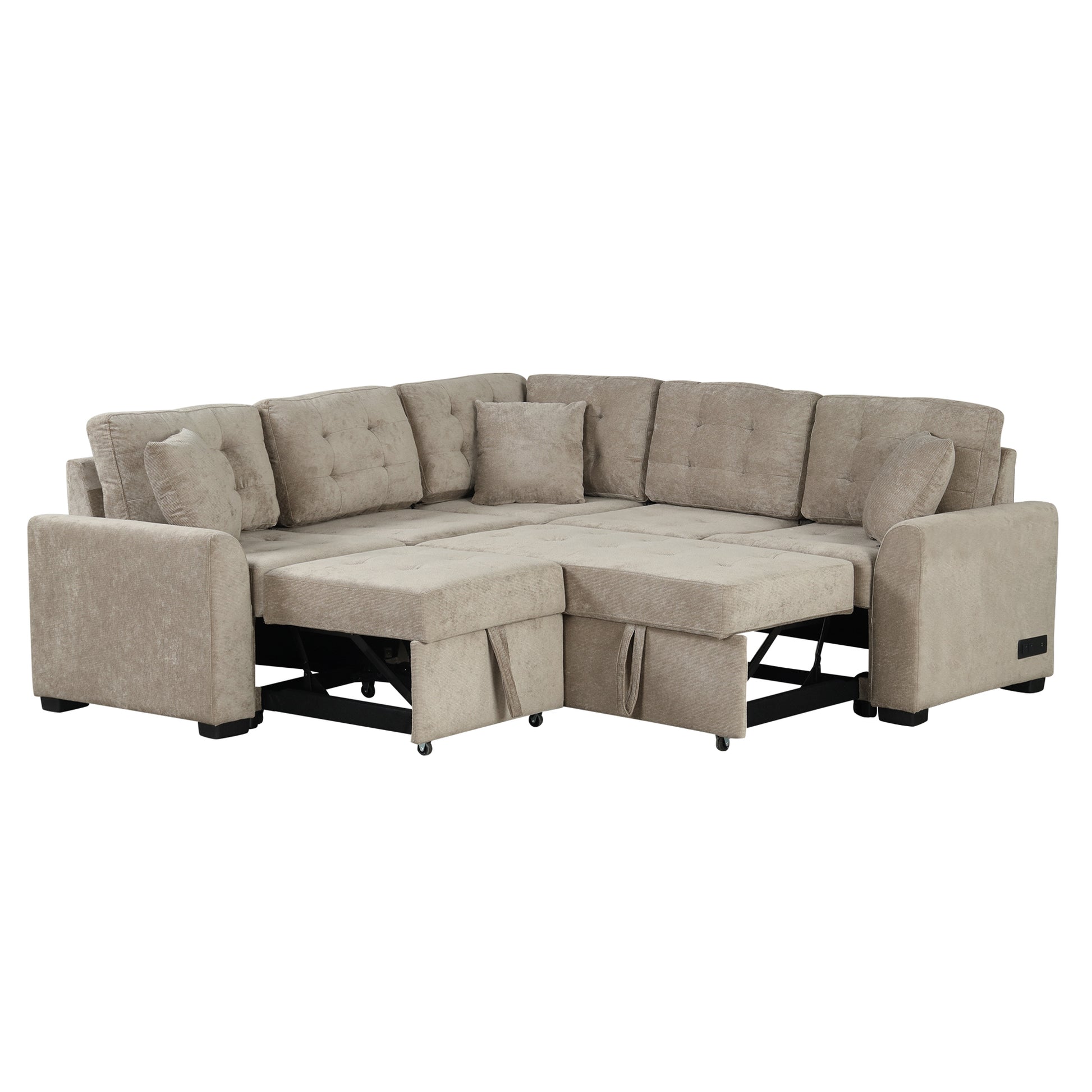 82.6" L Shape Sofa Bed Pull Out Sleeper Sofa With Wheels, Usb Ports, Power Sockets For Living Room Sg001230Aa , Khaki Khaki Foam Velvet 4 Seat