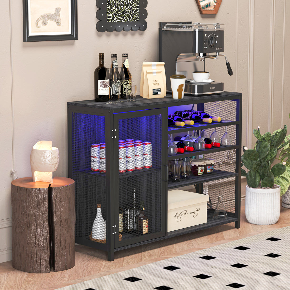 Bar Cabinet,Wine Bar Cabinet,Liquor Storage Credenza,Sideboard With Wine Racks & Stemware Holder,With Uab Socket,Metal Bracket,Placed In Family Bars,Hallways,Living Rooms,Color:Gray Silver Silk Thread 3 4 Spaces Gray Silver Primary Living Space Built In