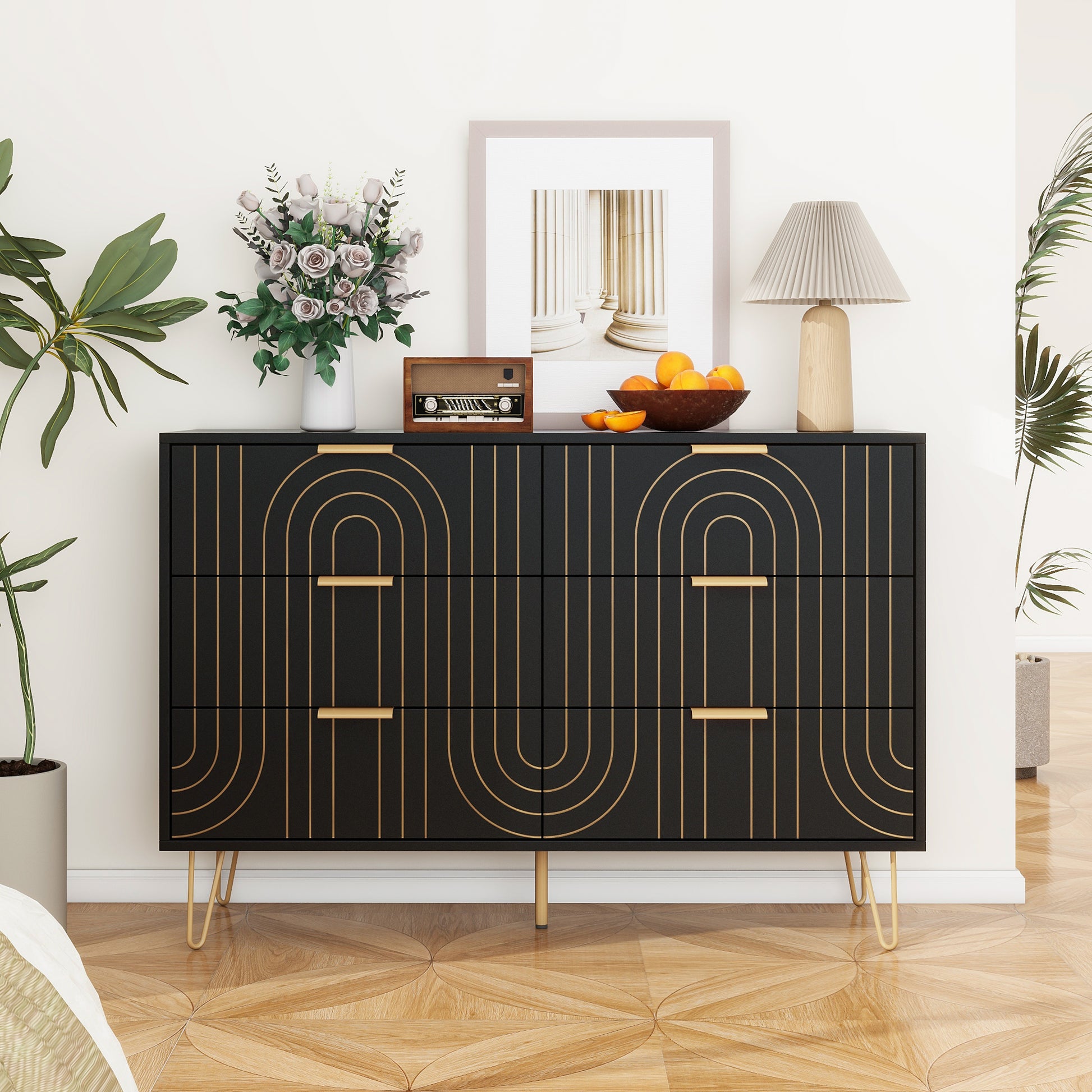 Modern 6 Drawer Dresser, Modern Dresser With Metal Handles, Storage Chest Of Drawer, Wide Dresser Drawer Organizers With Carving Design For Bedroom, Living Room, Hallway 5 Or More Drawers Black Modern Particle Board Mdf