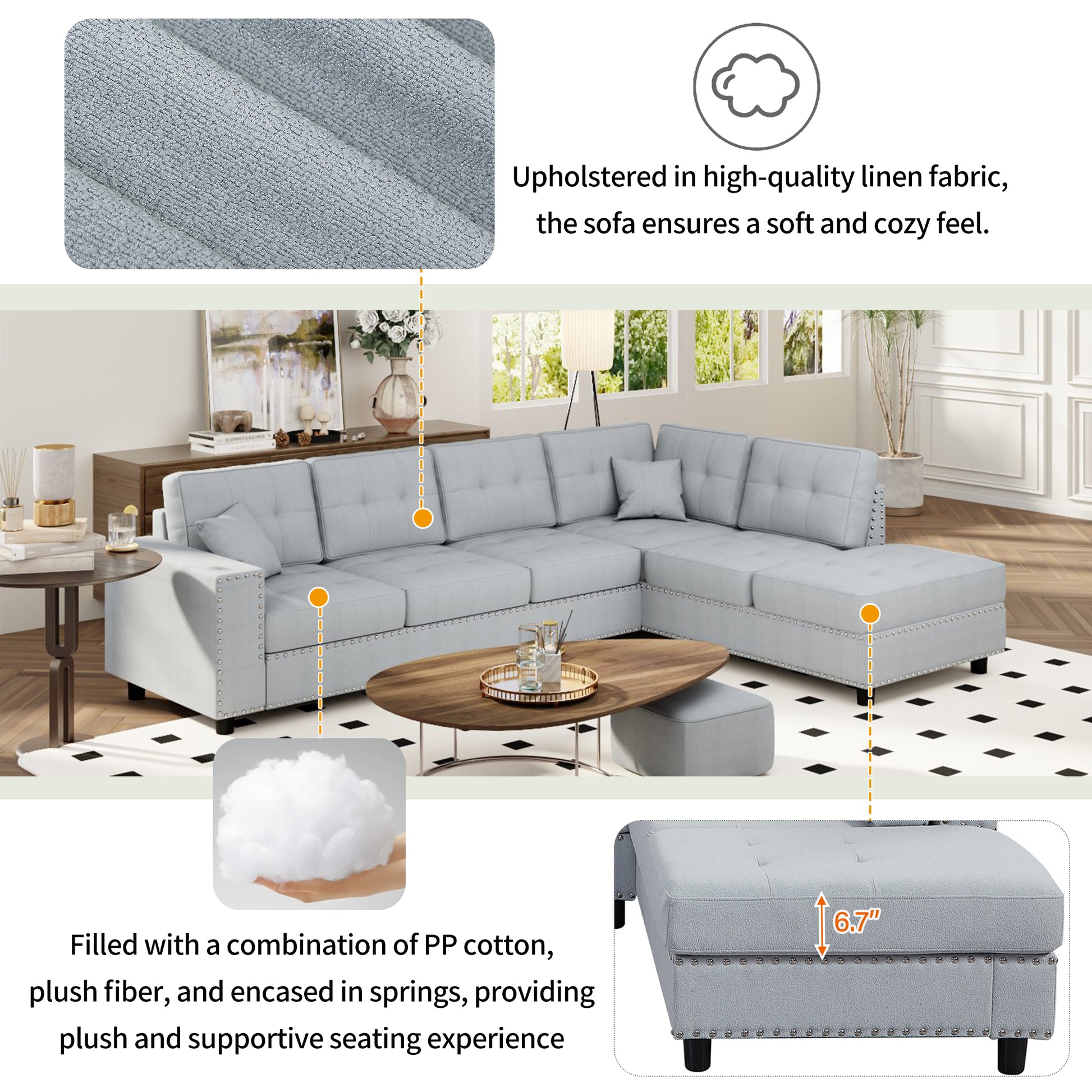 109.2''L Shaped Modular Sectional Sofa With Removable Back Cushions And 2 Pillows, Suitable For Living Rooms, Offices, And Apartments Light Gray Polyester 5 Seat