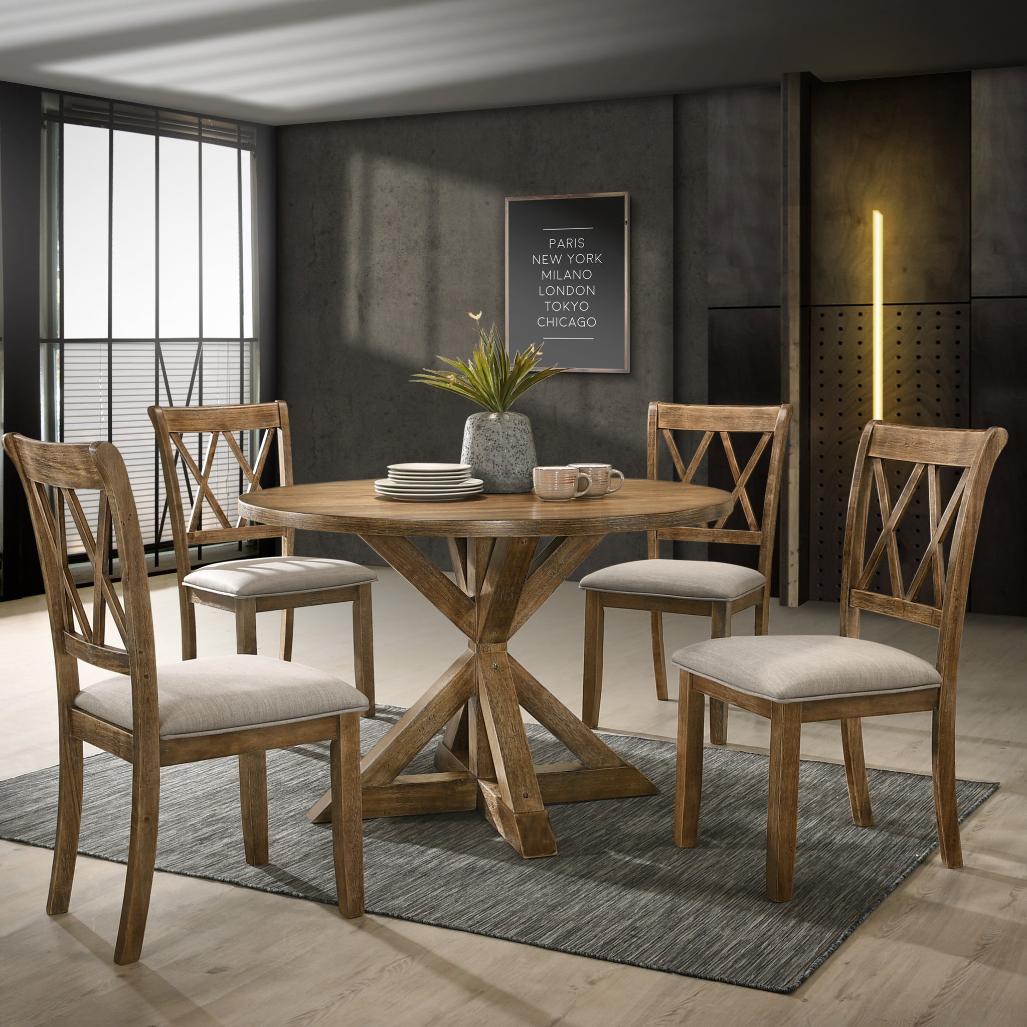 Windvale Cross Buck Wood 5 Piece Dining Set Wood Dining Room Fixed Table Rubberwood Round Dining Table With Chair Wood Wood Brown Seats 4 48 Inches Round Pedestal Solid Wood