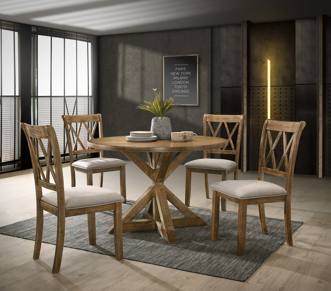 Windvale Cross Buck Wood 5 Piece Dining Set Wood Dining Room Fixed Table Rubberwood Round Dining Table With Chair Wood Wood Brown Seats 4 48 Inches Round Pedestal Solid Wood