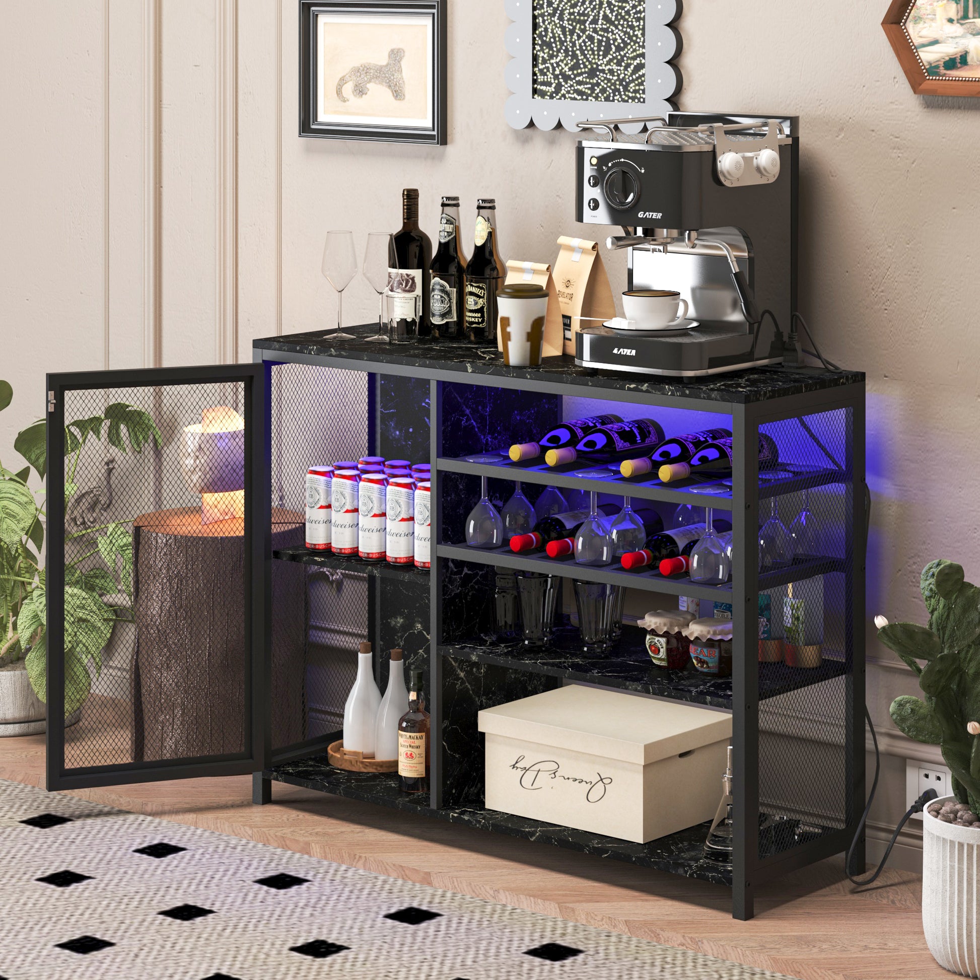 Bar Cabinet,Wine Bar Cabinet,Liquor Storage Credenza,Sideboard With Wine Racks & Stemware Holder,With Uab Socket,Metal Bracket,Canbeplacedin Familybars,Hallways,Living Rooms,Color:Black Marble Texture 3 4 Spaces Black Primary Living Space Built In