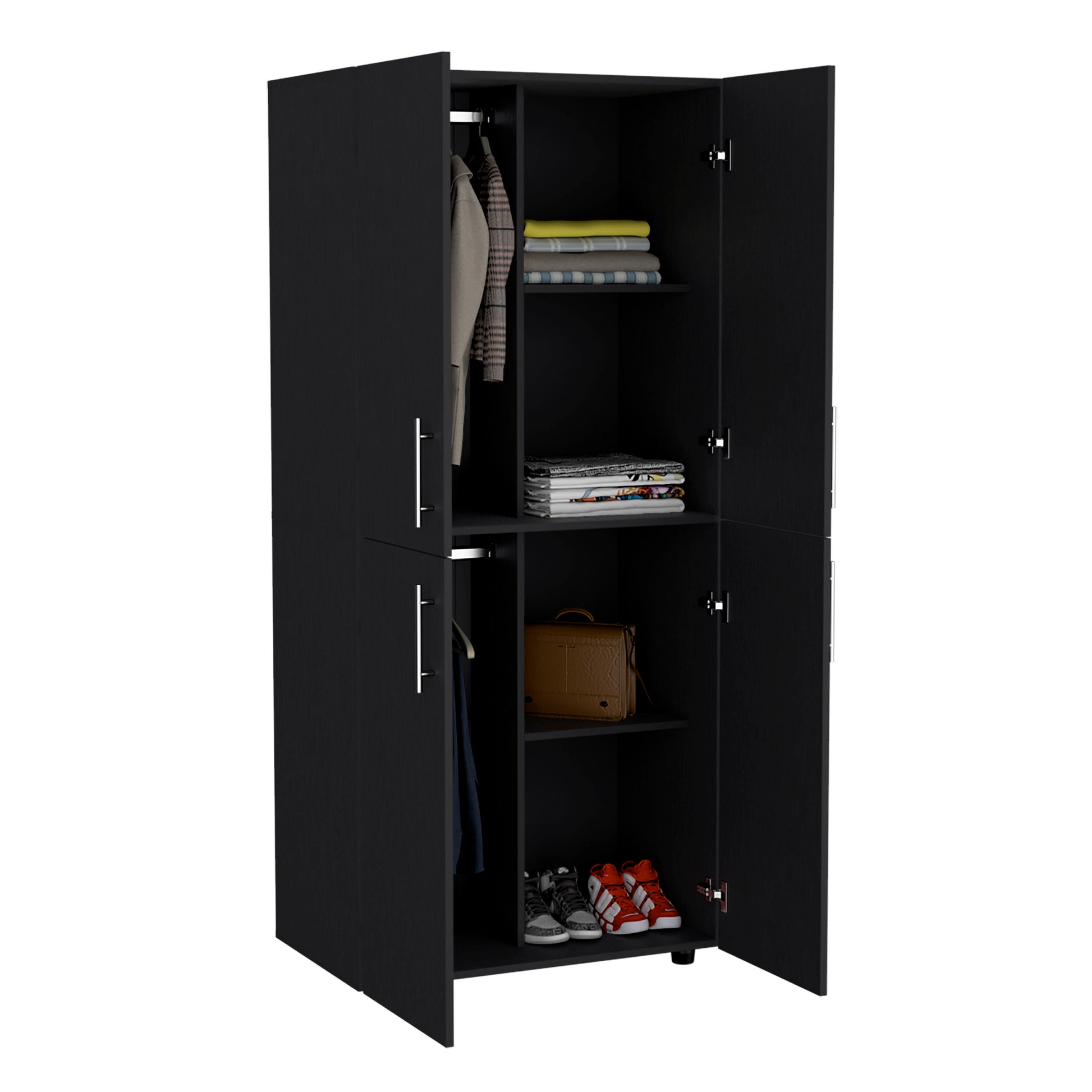 Hazel 70" High Four Door Armoire Wardrove Closet Cabinet, Six Shelves And Two Hanging Rods, Bedroom Clothes Storage Cabinet Organizer Black Black Bedroom Modern Particle Board