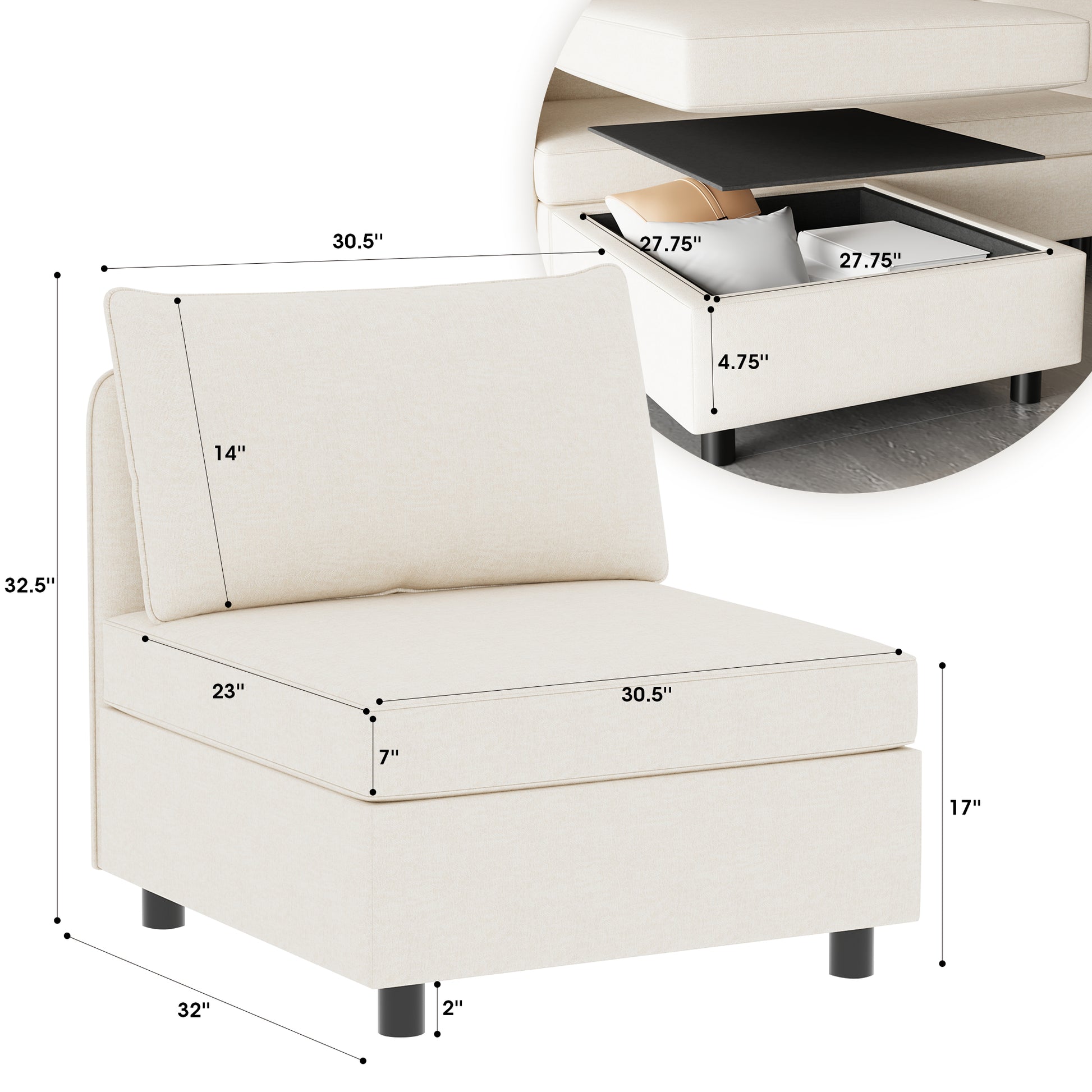 Armless Seat For Modular Sectional Sofa, Convertible Sofa Seat With Storage, Sleeper Sectional Sofa Set, Fabric Flexible Modular Combinations For Living Room 2Pcs Beige Fabric 2 Seat