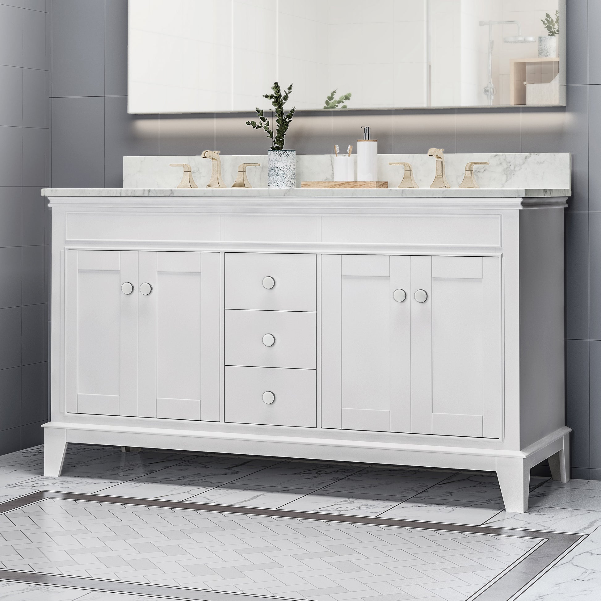 60'' Bathroom Vanity Cabinet Only, 4 Doors, 3 Drawers, White White Plywood