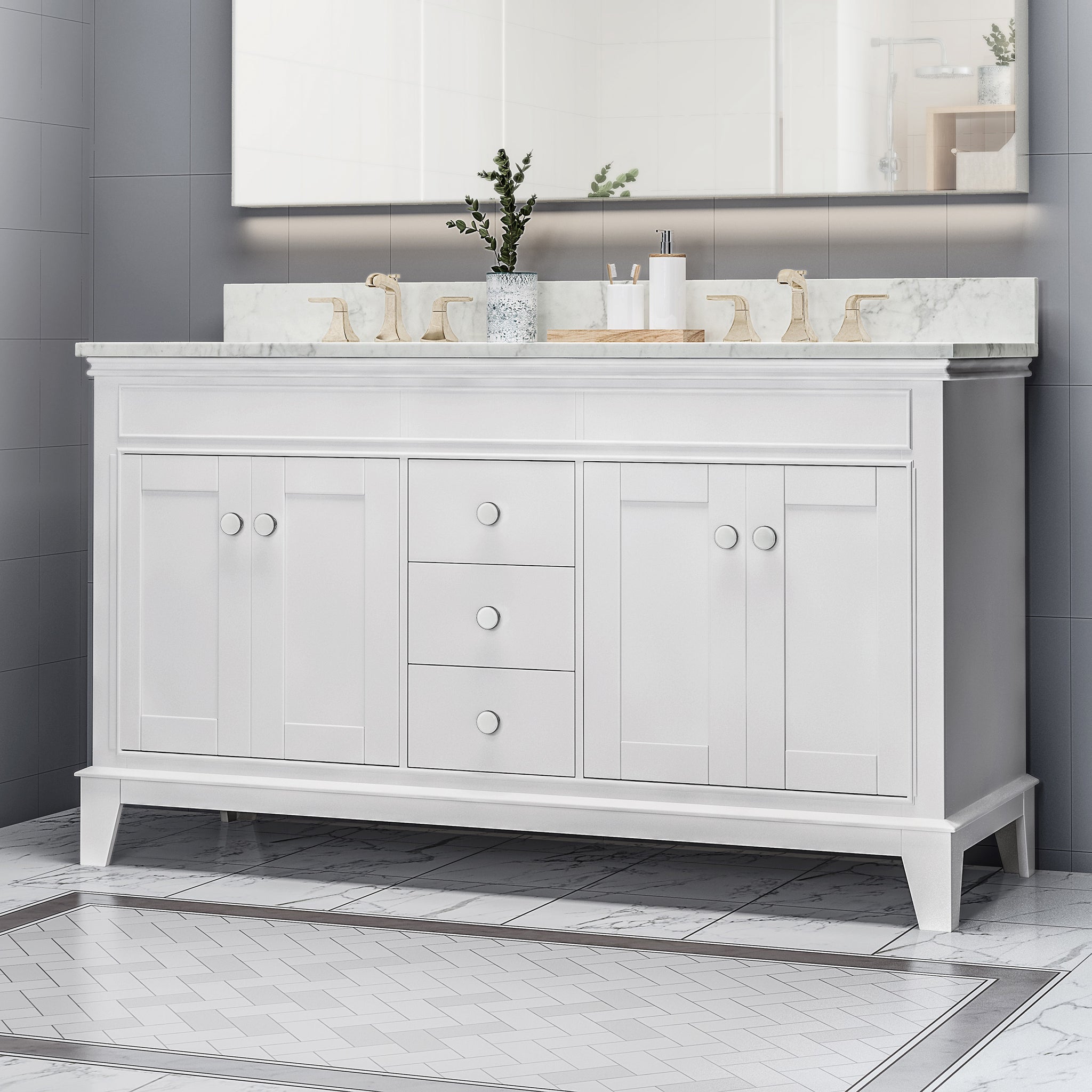 60'' Bathroom Vanity Cabinet Only, 4 Doors, 3 Drawers white-plywood