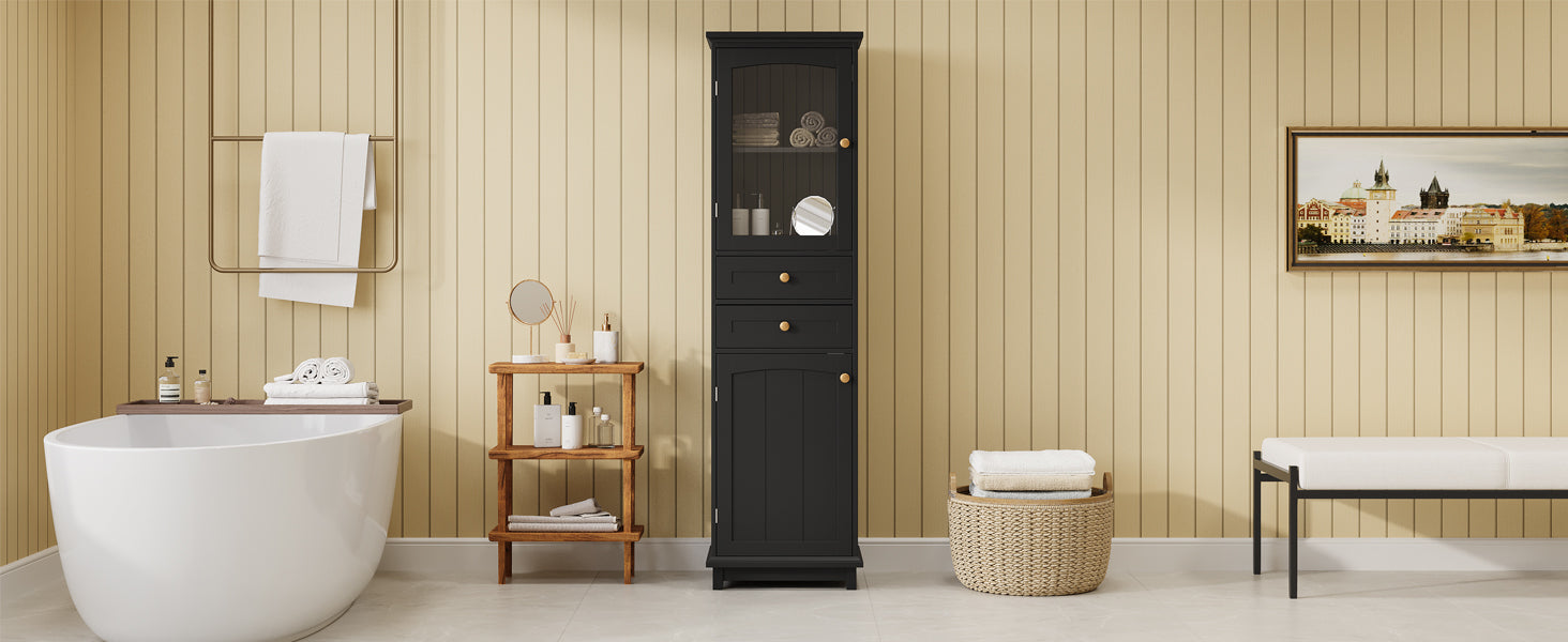 Tall Bathroom Storage Cabinet With Glass Doors, Free Standing, Two Drawers, And Adjustable Shelves, Mdf Board, Painted Black Perfect For Displaying Your Favorite Items 2 Black 2 4 Adjustable Shelves Bathroom Freestanding Partice Board Mdf Pine Wood