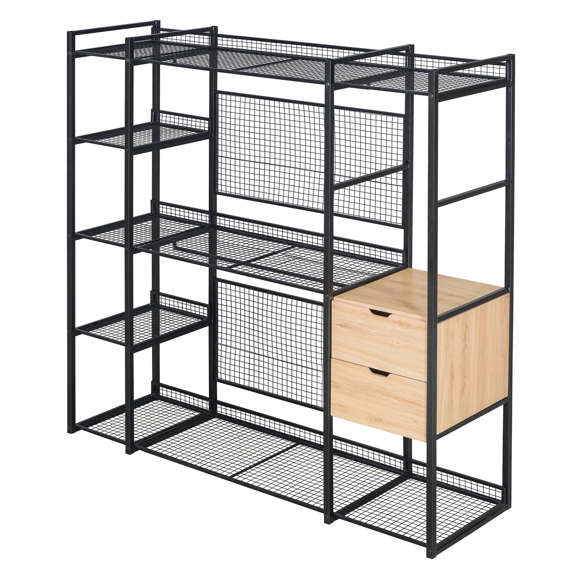 Open Style Wardrobe With Hanging Rails, Shelves And Drawers, Black Black Metal & Wood