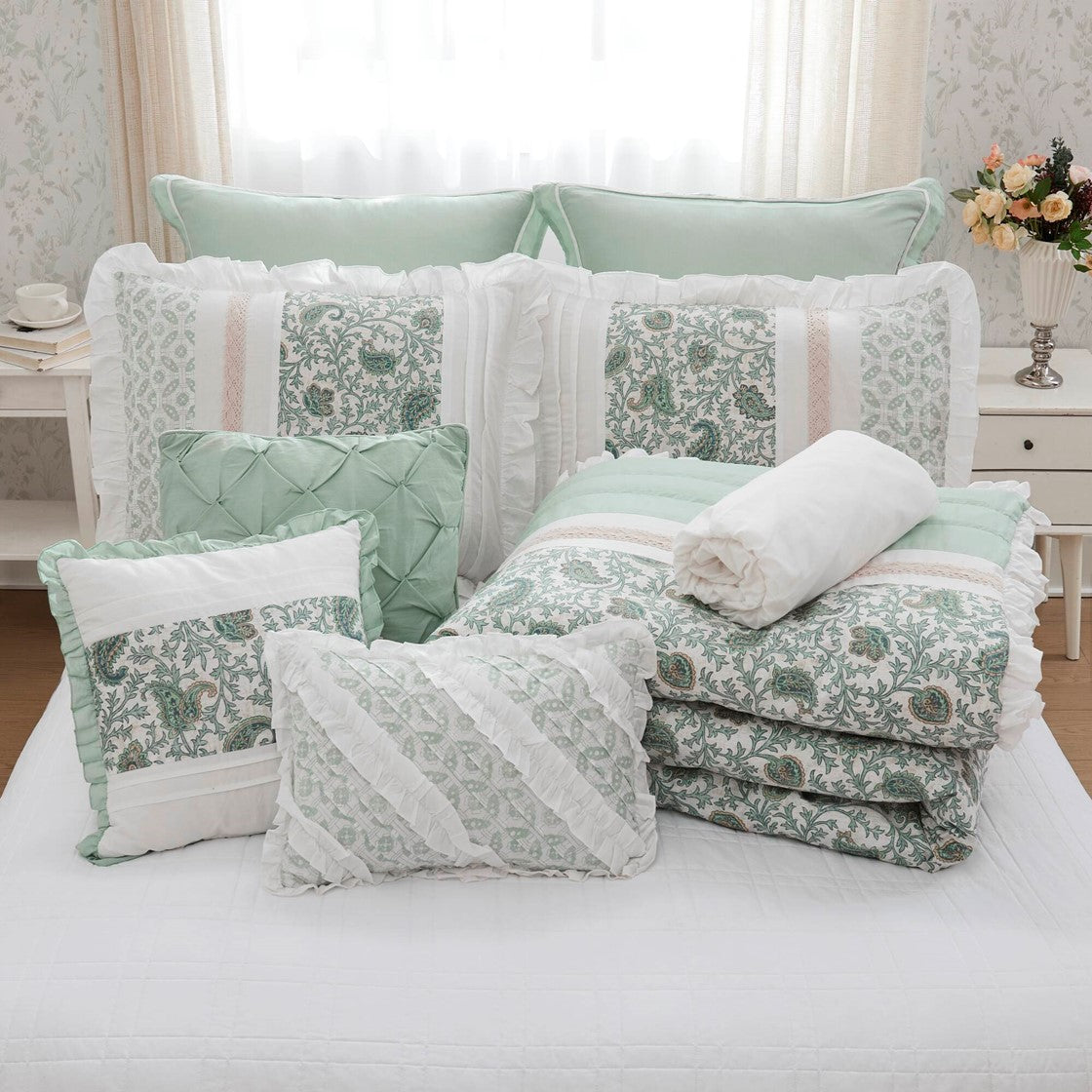 9 Piece Cotton Percale Comforter Set Aqua Cal King California King Aqua Polyester