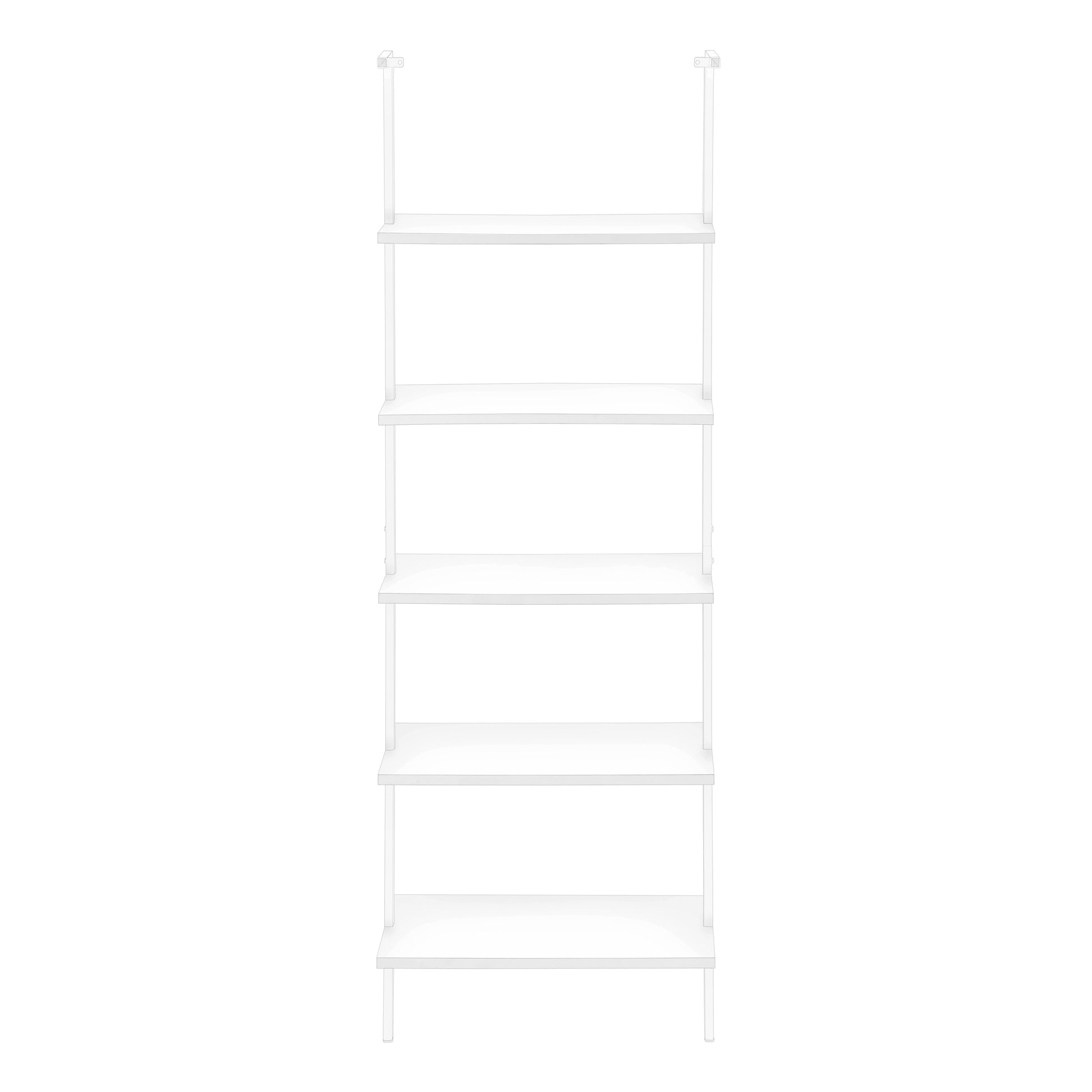 Bookshelf, Bookcase, Etagere, Ladder, 5 Tier, 72"H, Office, Bedroom, White Laminate, White Metal, Contemporary, Modern White Metal