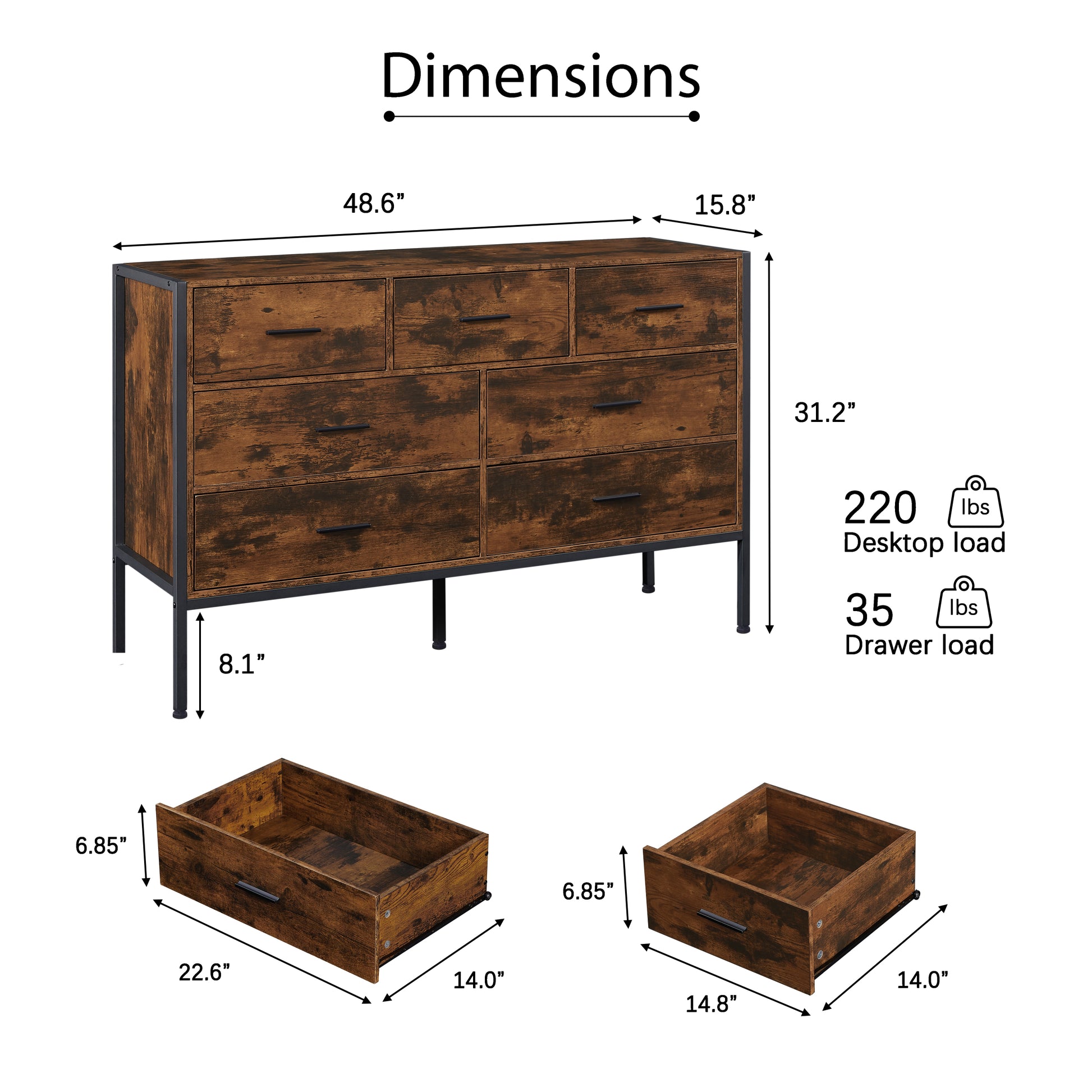 Wood Dresser With 7 Drawers, Wooden Storage Closet For Bedroom, Solid Clothes Cabinet With Sturdy Steel Frame, 48.58"W 15.75"D 31.22"H, 48 Inch, Rustic Brown Brown Particle Board