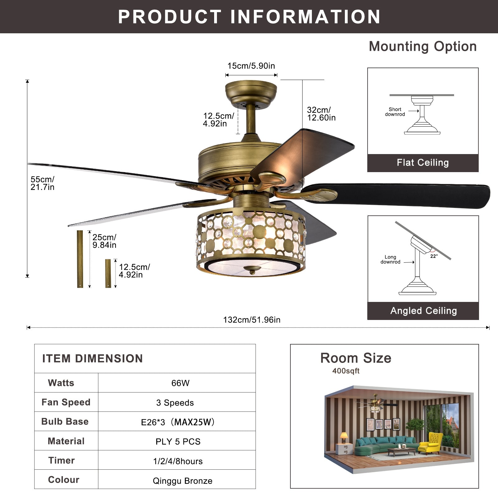 52Inch Antique Bronze Metal 3 Lights Crystal Ceiling Fan With 5 Wood Blades, Two Color Fan Blade, Ac Motor, Remote Control, Reversible Airflow, 3 Speed, Adjustable Height, Traditional Ceiling Fan Antique Brass American Design,American