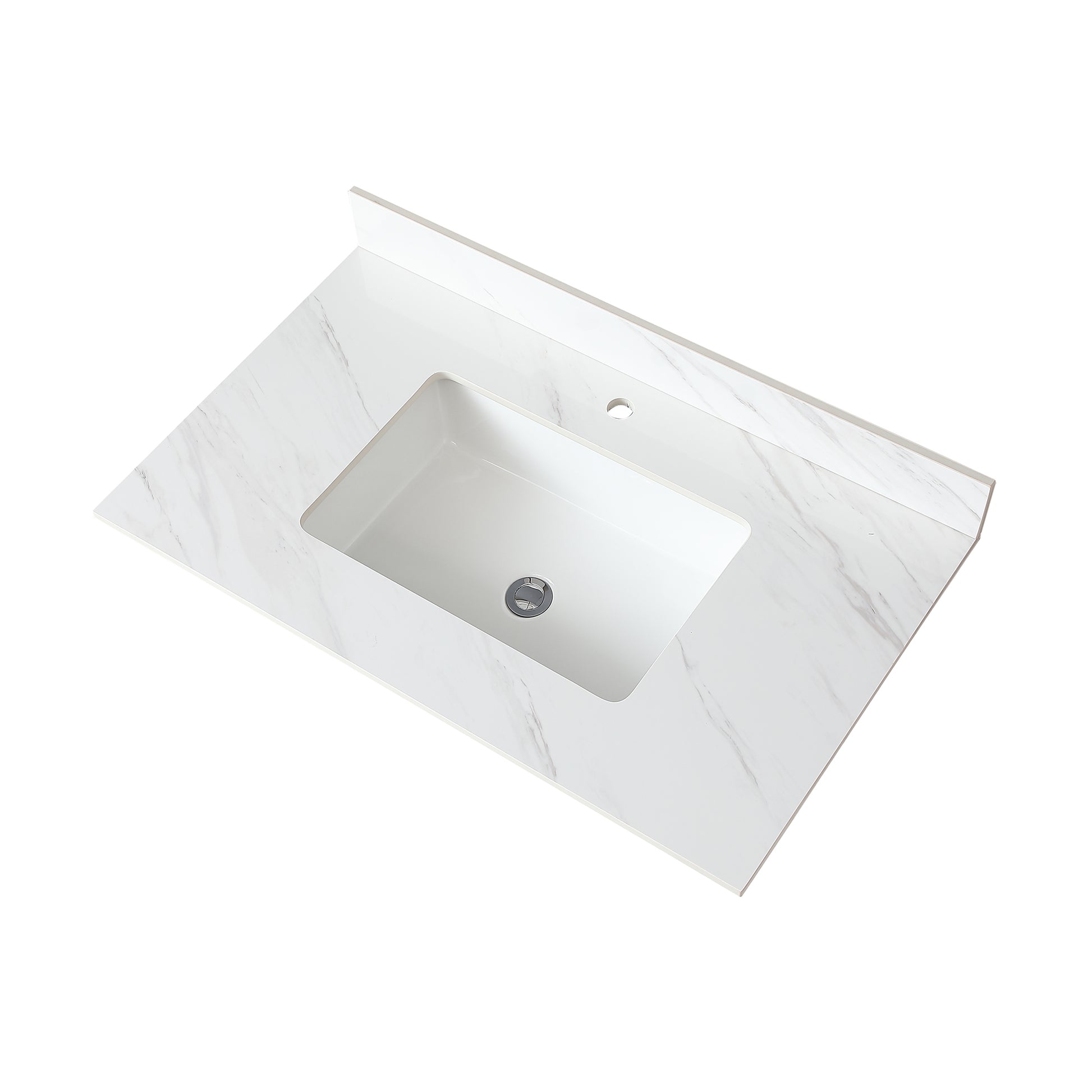 37 Inch Marble Vanity Top, White Vanity Top With Pre Drilled Faucet Holes, Bathroom Vanity Top With Undermount Rectangular Middle Sink And 4" Height Backsplash, Bianco Carrara Venato White Bathroom Sintered Stone