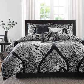 7 Piece Cotton Printed Comforter Set Black King King Black Polyester