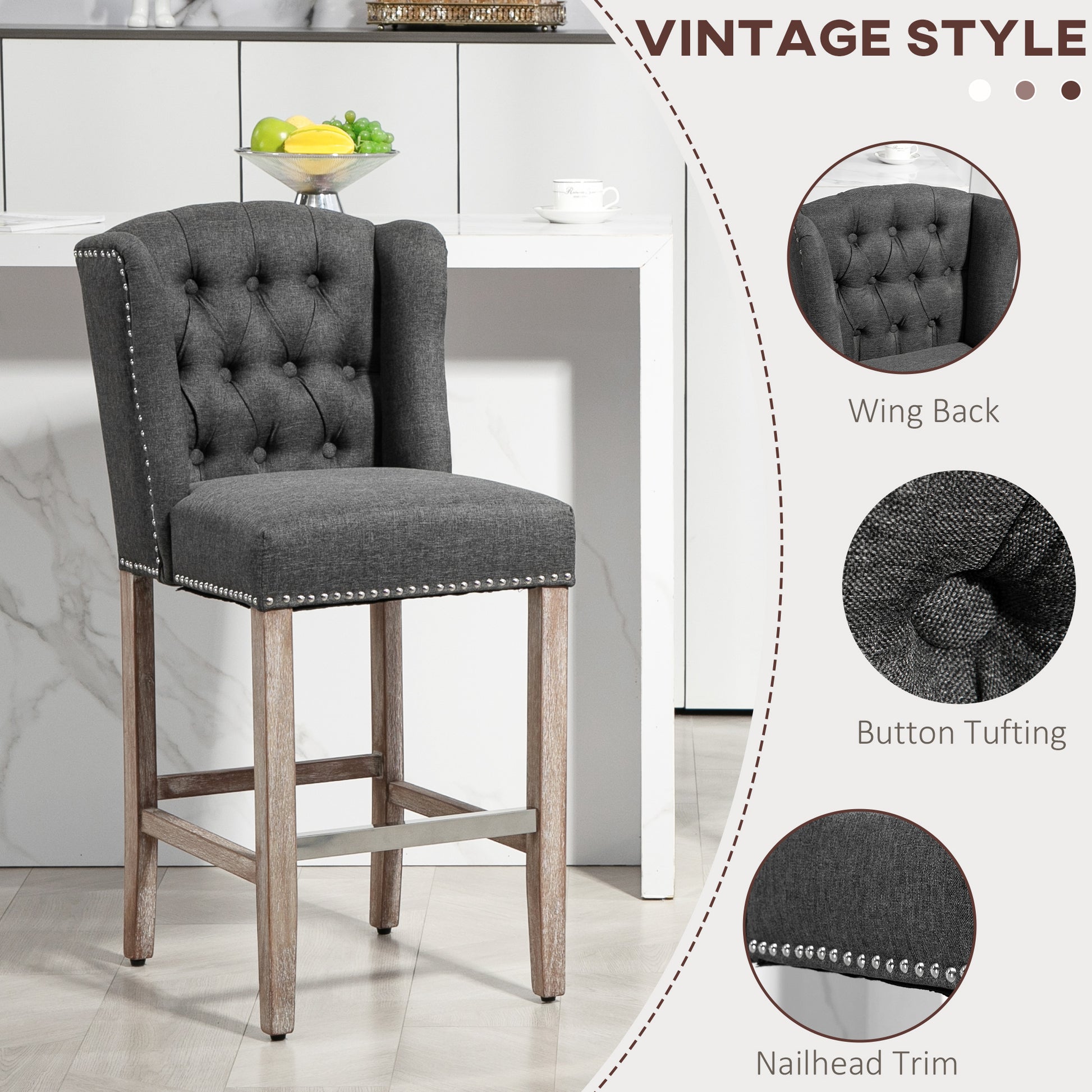 Homcom Counter Height Bar Stools Set Of 2, 27" Seat Height Upholstered Barstools, Farmhouse Kitchen Island Stools With Trim, Tufted Back And Wooden Legs, Dark Gray Dark Gray Polyester