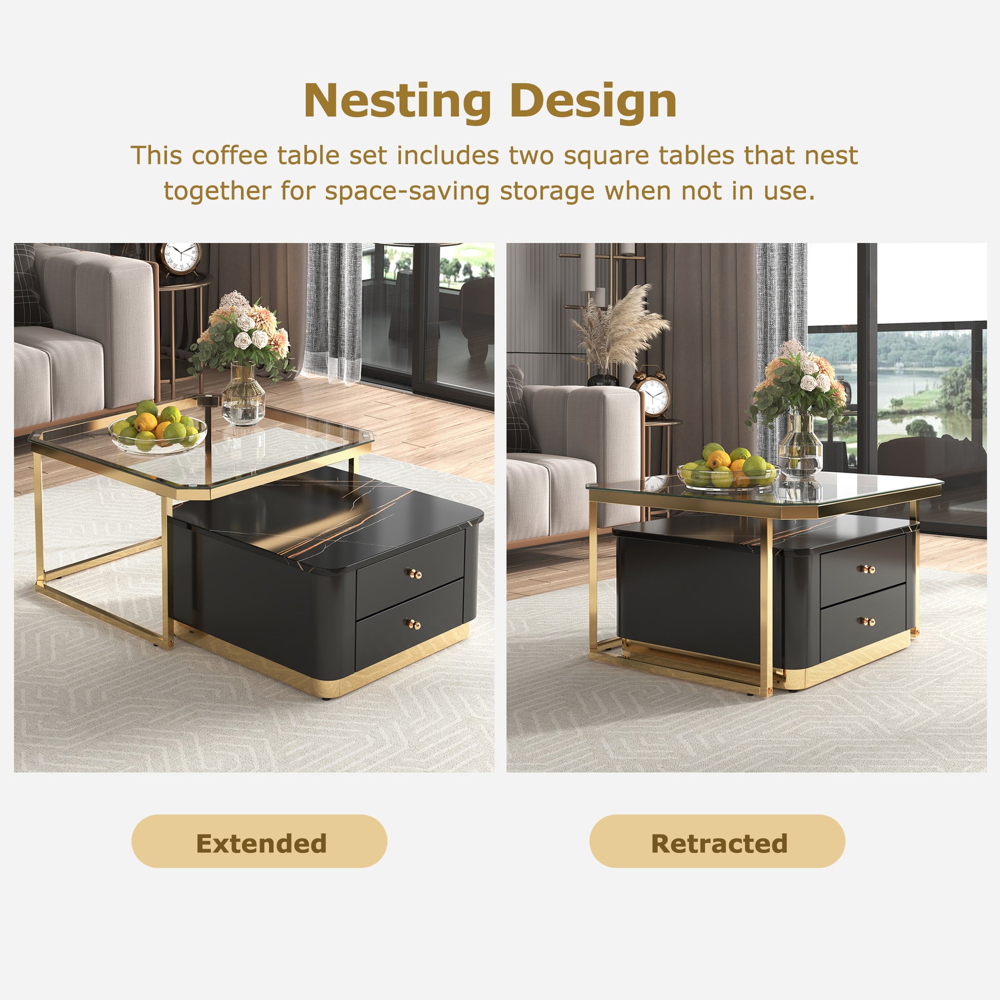 Modern 2 Pieces Black Square Nesting Coffee Table With Drawers & Electroplated Gold Legs In 27.6'' Golden Black Drawers Coffee & End Tables Glossy Square Mdf Glass Mdf Pedestal