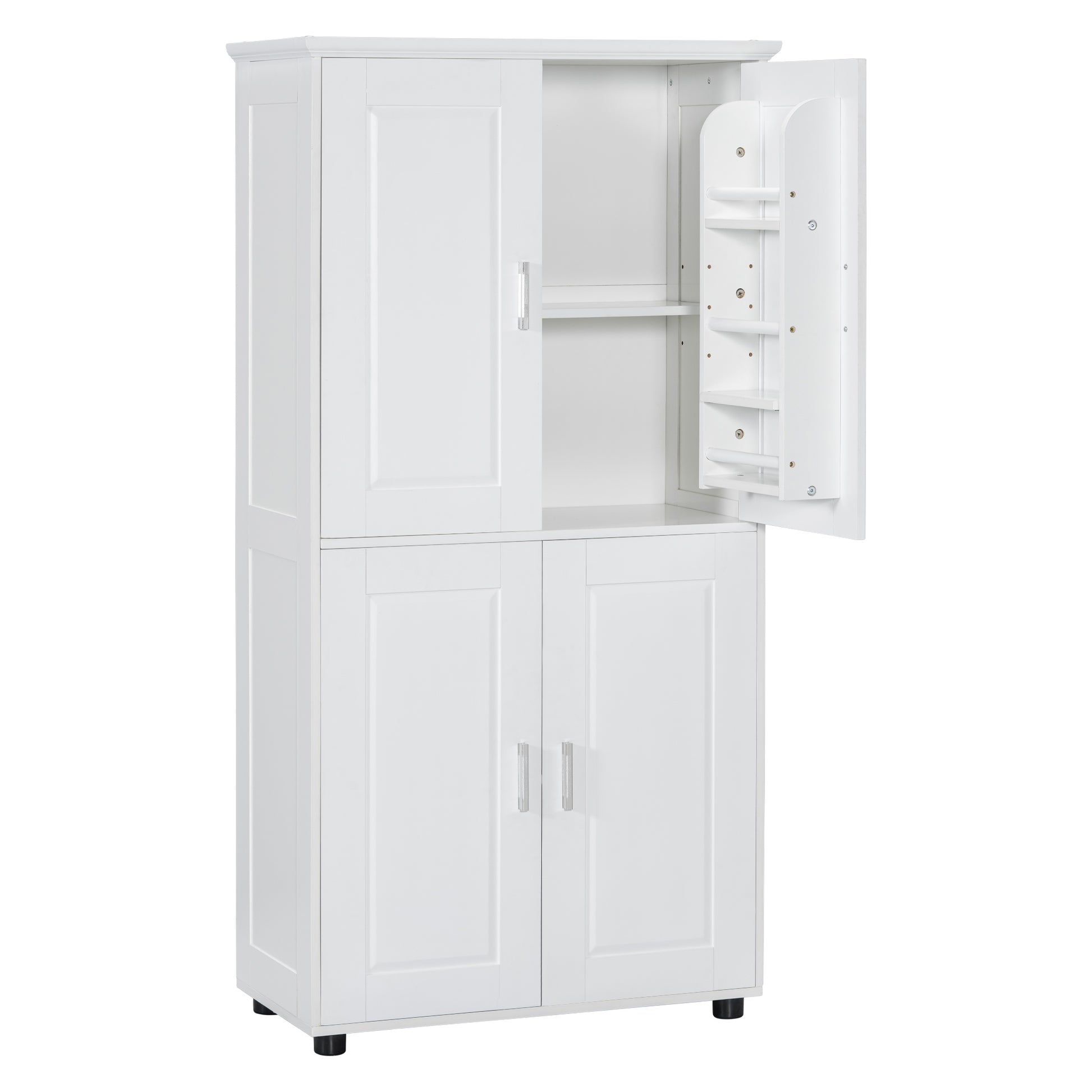 Tall And Wide Bathroom Floor Storage Cabinet, Bathroom Storage Unit, Freestanding Cabinet With 4 Doors, Adjustable Shelves, White White Mdf