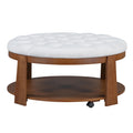 Modern Large Round Ottoman Coffee Table 2 Tier Oversized Button Tufted Ottoman With Wood Shelf Storage Upholstered Coffee Table For Living Room Footrest Ottoman With Wheel, Waterproof Linen Ivory White Rubber Wood
