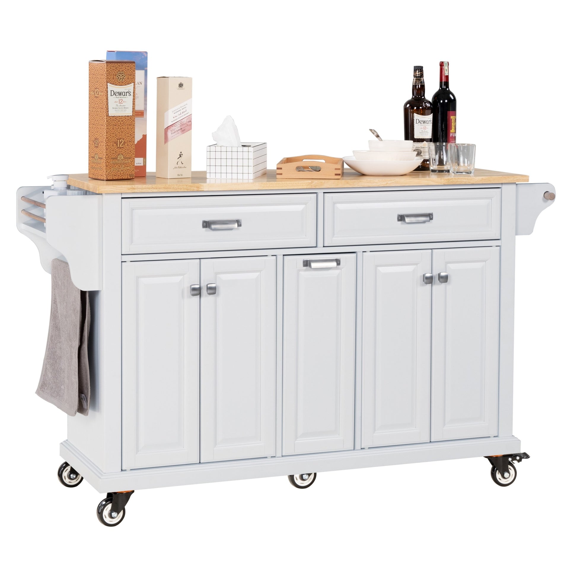 Kitchen Island With Rubber Wood Countertop, Kitchen Cart On 5 Wheels With Storage Cabinet And 2 Top Drawers And A Center Double Layered Storage Drawer For Dinning Room, White White Dining Room Rectangular Rubberwood Solid Wood Mdf Large 56 In